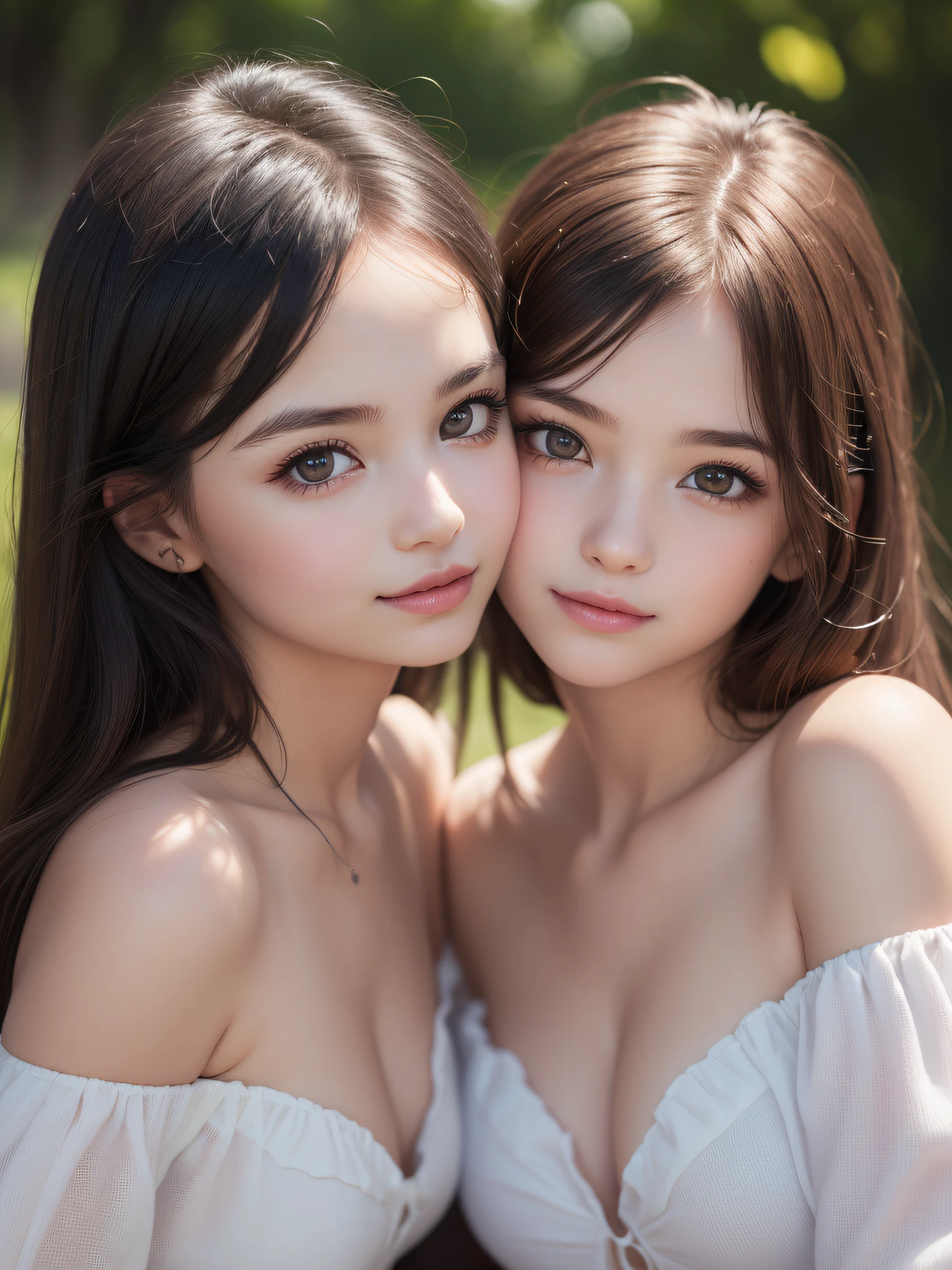 ( 2 girls), smile、Look into the camera、beautiful girlหน้าเด็กวัยใส、(((((()))))) diamond necklace、braided hair, ( Naked, perky breasts, bare breasts, nipples.  (((round chestๆ)))revealing upper arms、Extra long twin tail feathers、Flower Hair Ornaments、 Masterpiece, Highest quality, 8ก, beautiful girl, young face、 photography, Cute face, thigh,Sitting on a rock in the stream,、รอยsmile、small waist, blue eyes(((The chest is erect...)))(((round chest)))(((big breasts:1.0)))