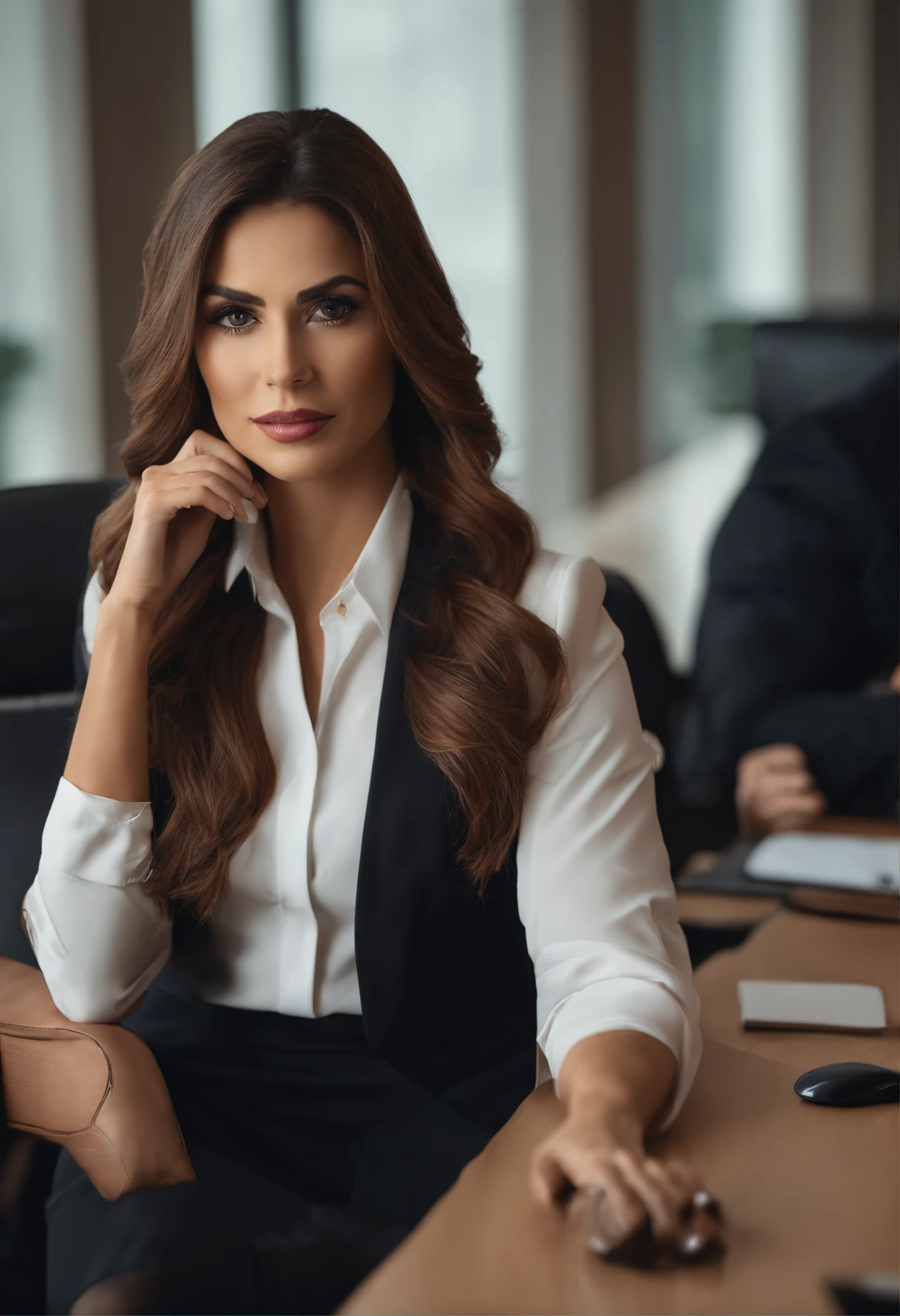 profissional, (Foto 4k:1.1), High detail, Mulher Latina, Wear business clothes, Rosto bonito e detalhado, cabelos castanhos, not too long, Forma do corpo, Office meeting room with desk