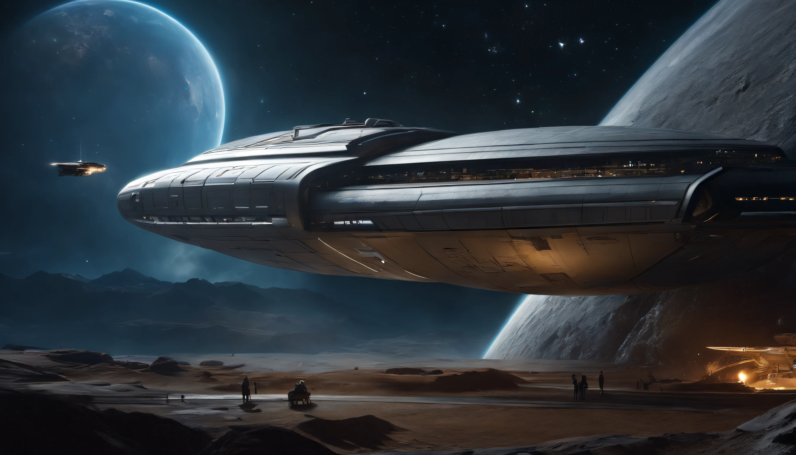 Best quality, , 超高分辨率, (Realistic photography:1.4), ultra-realistic realism, A futuristic complex spaceship stands still in space, Its hull was damaged, Robots and astronauts are repairing it, The vastness of the universe is in the background, Outstanding details, Cinematic footage