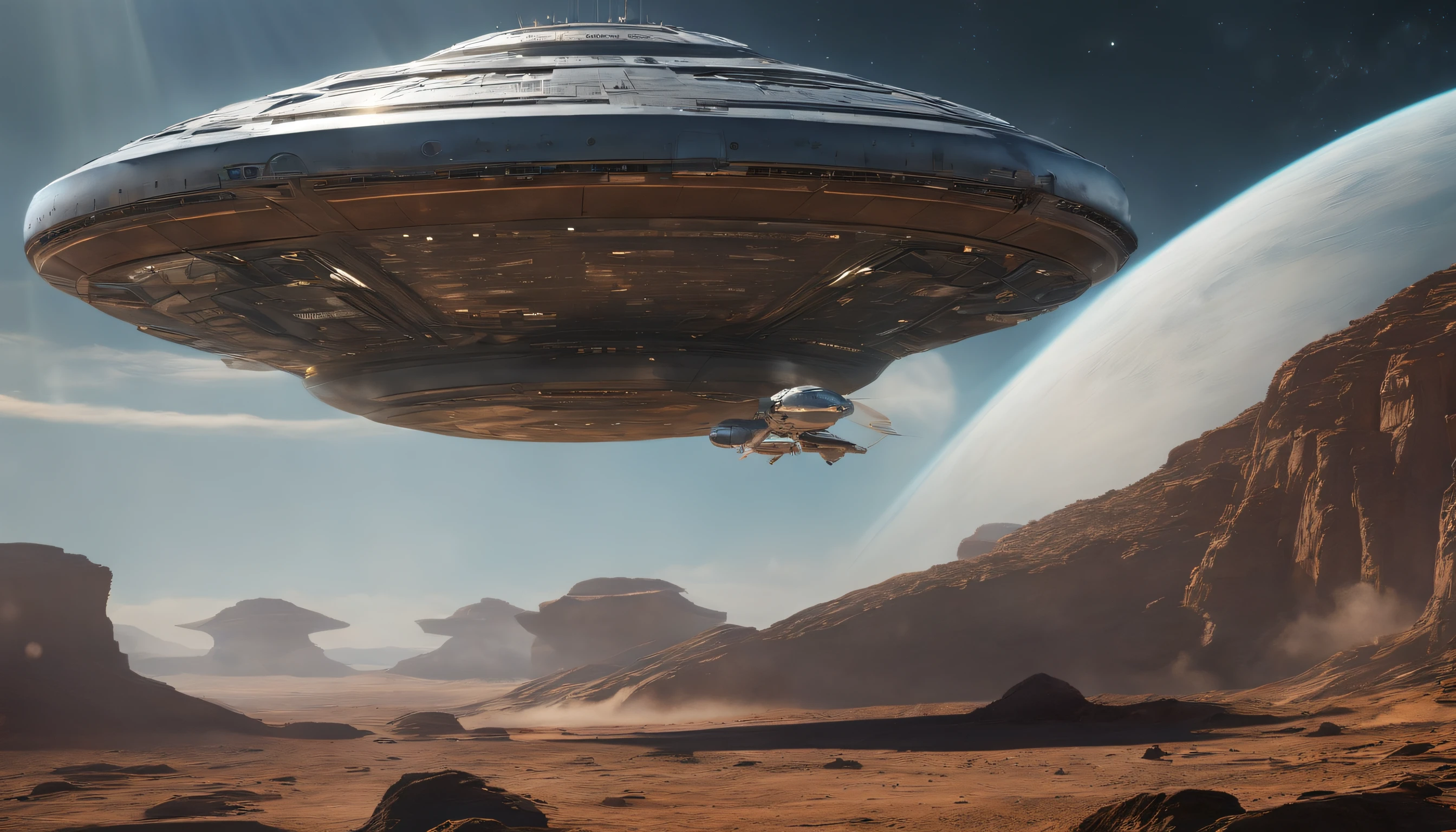 Best quality, , 超高分辨率, (Realistic photography:1.4), ultra-realistic realism, A futuristic complex spaceship stands still in space, Its hull was damaged, Robots and astronauts are repairing it, The vastness of the universe is in the background, Outstanding details, Cinematic footage