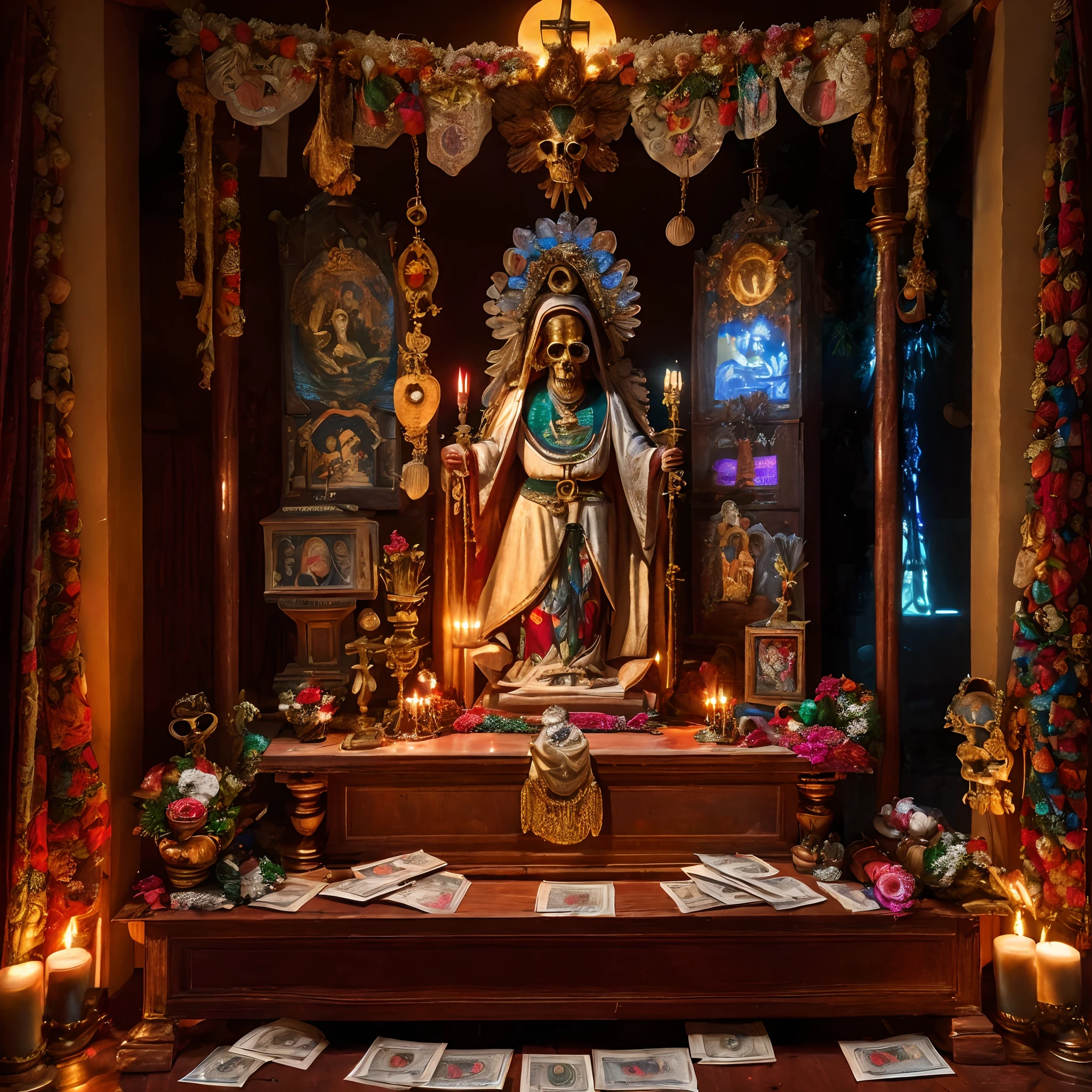 Altar de LA SANTA MUERTE en un buro de una casa típica mexicana de los 80's por la noche iluminado con veladoras de ofrenda Pesos mexicanos billetes de 500 pesos armas de fuego gloc ,cambia las caras a un craneo