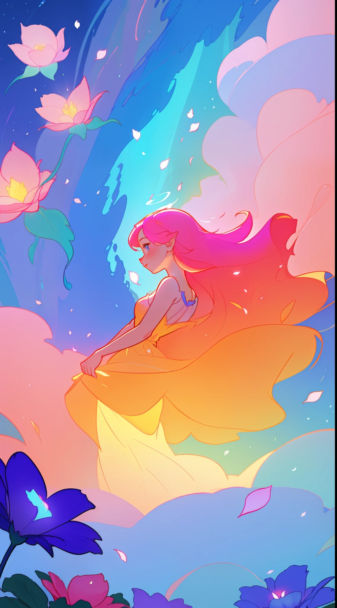 beautiful girl in flowing ballgown, flower fairy in a dress made of flower petals, flowers and colorful plants, inspired by Glen Keane, inspired by Lois van Baarle, disney art style, by Lois van Baarle, glowing aura around her, by Glen Keane, jen bartel, glowing lights! digital painting, flowing glowing hair, glowing flowing hair, beautiful digital illustration, fantasia otherworldly landscape plants flowers, beautiful, masterpiece, best quality, anime disney style