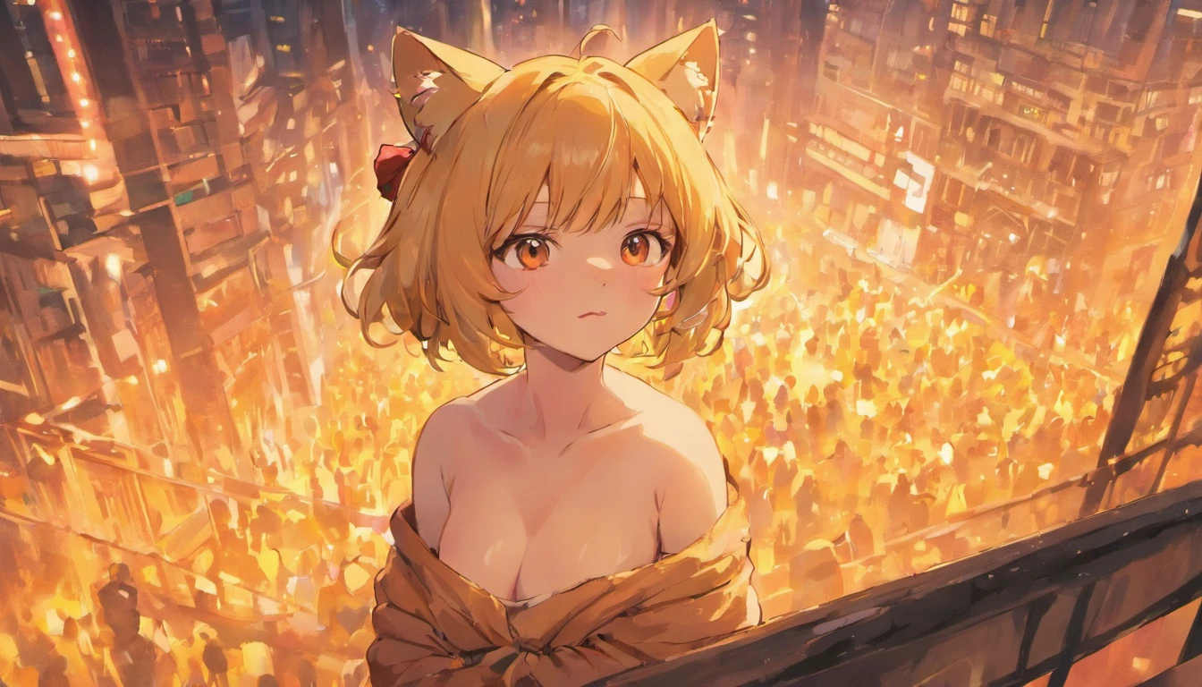 1girl, cat ears, medium orangish blonde hair, Red eyes, pregnant , nude, rape , in a crowd of people, city, absurdres, high res, ultrasharp, 8K, masterpiece, looking at viewer
