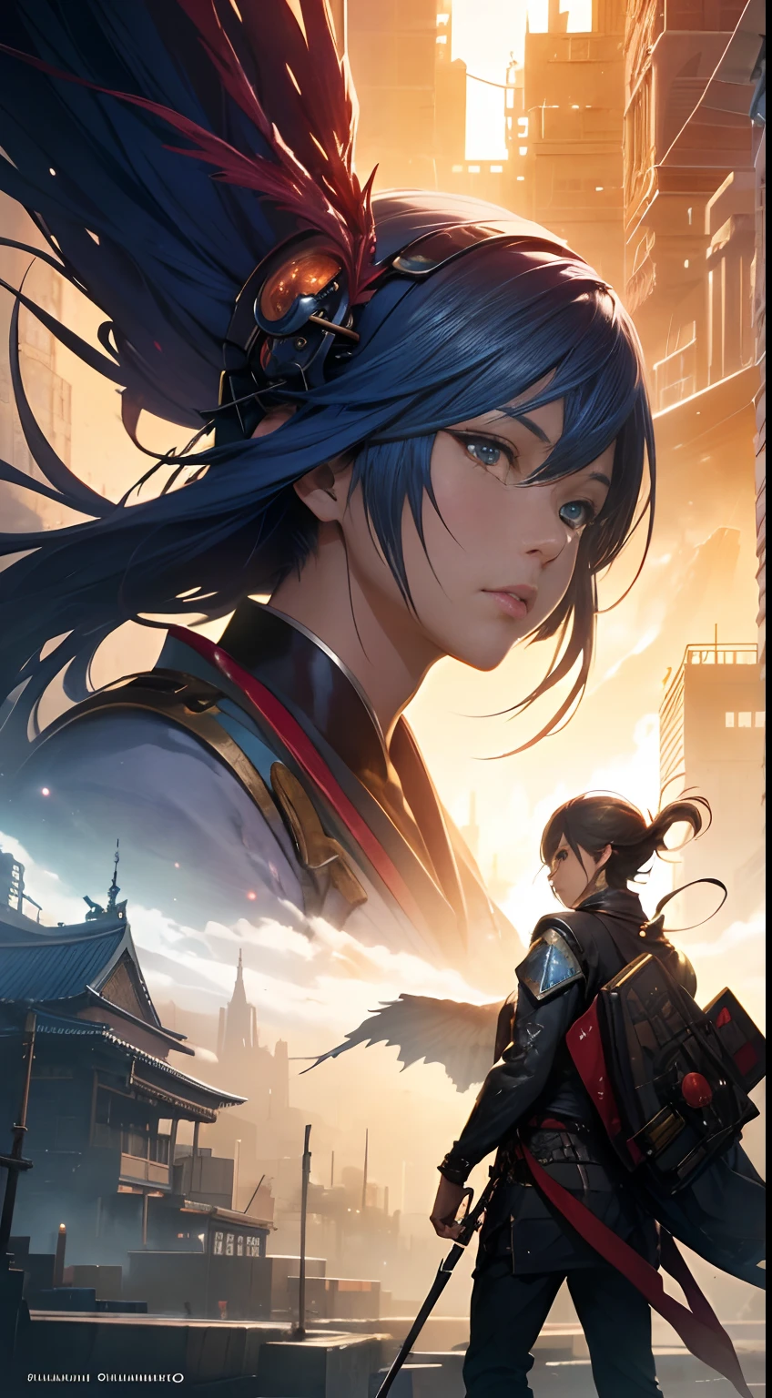 Kiichi Okamoto, James Jean, Craig Mullins, Japanese Anime, Surreal Mysterious Bizarre Sci-fi Fantasy The City Where the Firebird Lives, Girl who is a friend of Firebird, hyperdetailed high resolution high definition high quality masterpiece, detailed face