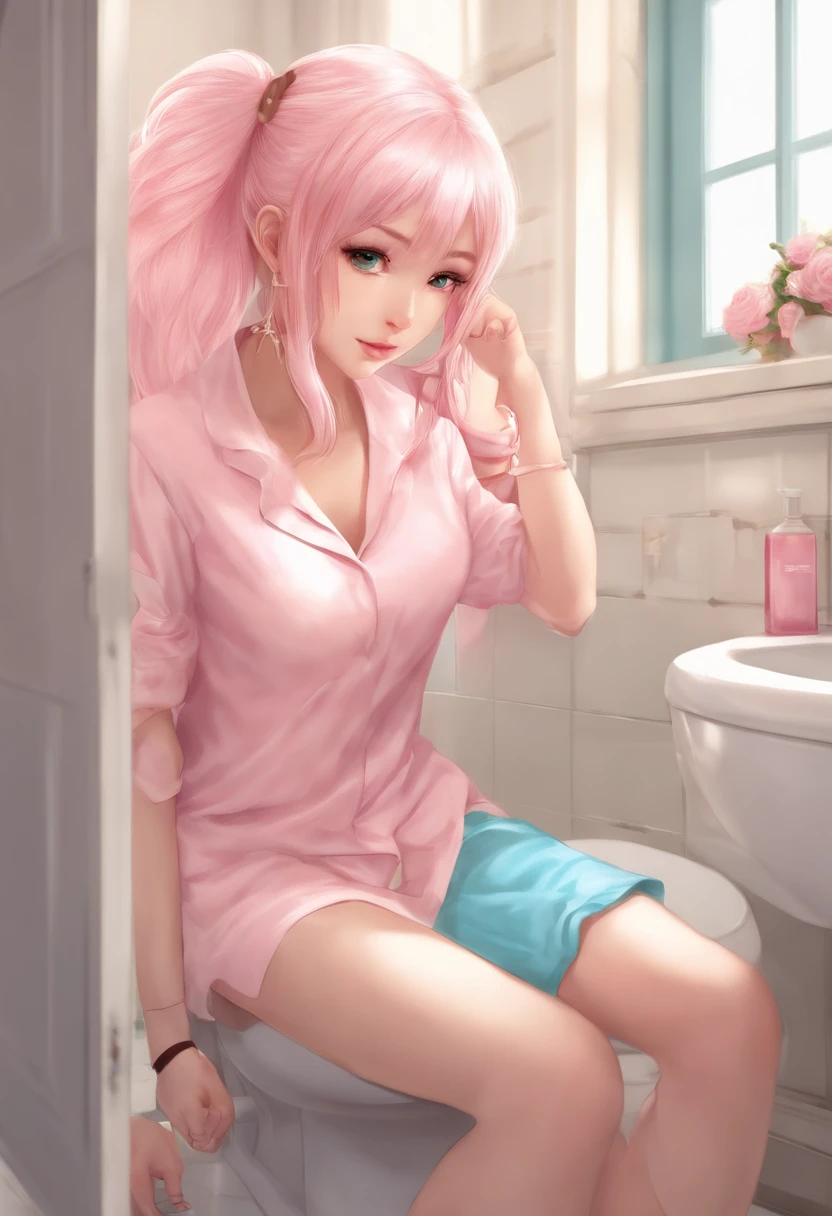 blond haired girl with pink hair sitting on a toilet in a bathroom, an anime drawing by Shitao, tumblr, realism, anime girl in real life, ayaka cosplay, anime girl cosplay, the anime girl is crouching, pink twintail hair and cyan eyes, hyper realistic anime, belle delphine, beautiful anime girl squatting, photorealistic anime
