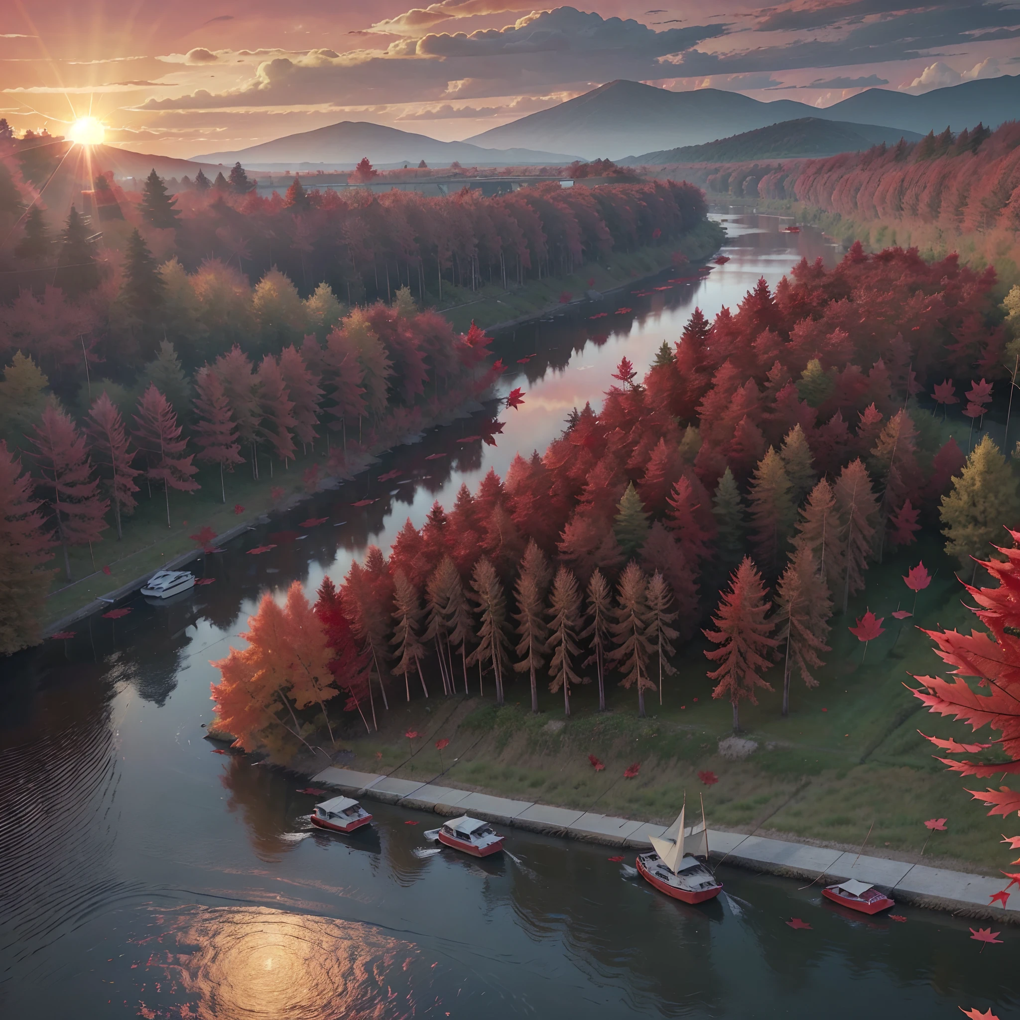 (The twilight of autumn),((The sun is about to set)),(Fiery red clouds:1.4),sun shining through clouds,(The irradiated cloud turns red),(The red maple leaves on the riverbank glow in the sun:1.6),(The banks of the river are covered with white daisies:1.2),(A small boat sails in the middle of the river:1.4),tmasterpiece,真实感,Photo level,Highest quality,Highest detail