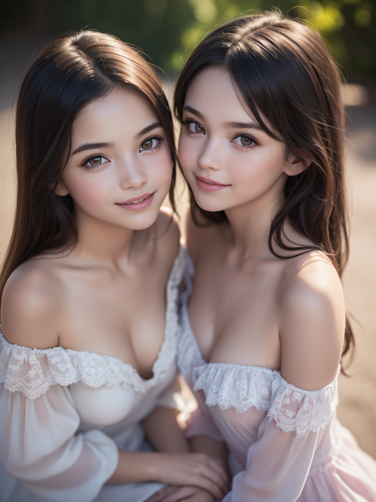 (2little girls:1.3), (Ultra realistic, high res), (highly detailed eyes, highly detailed hair, highly detailed face, highly detailed plump lips), (off shoulder with open chest:1.2), small breasts, upper body, caute smile, (best quality:1.4), Raw photo, (realistic, photo-realistic:1.37), professional photography, cinematic light, (fine face: 1.2), view from above