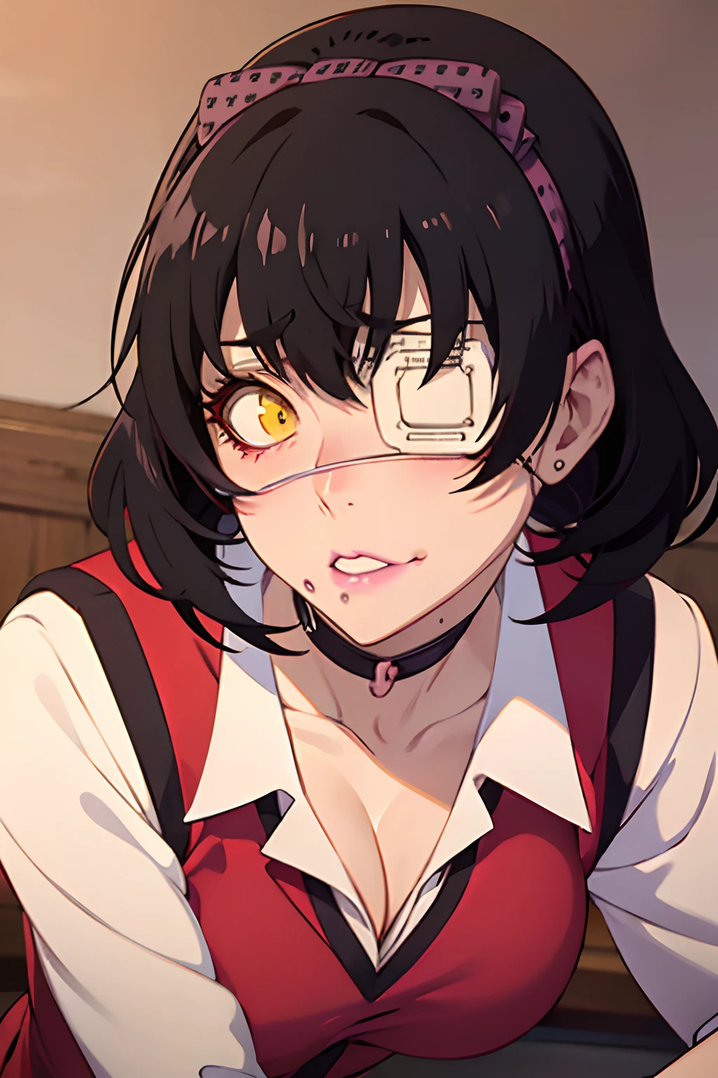 ikishima midari short hair black hair eyepatch (best quality:1.1), (masterpiece:1.4), (absurdres:1.0), red school uniform, large erect penis, veiny cock, leaking cum, yellow eye, closeup, steamy, heavy breathing, blushing, blowjob, cleavage, large breasts