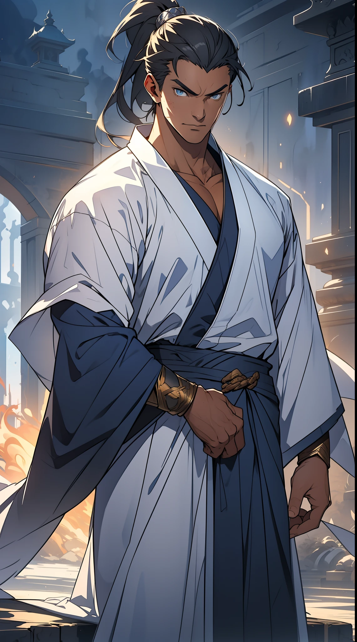 quadratic element,style of anime,mtu(Male Warrior),The proportions are correct,Face details,swordsmen,High ponytail hairstyle,Neck details,There is an Adam's apple,White robe,kaftan,long white robe,clothes details,Handing over,longer sleeves,Game quality,Swordsmanship,Light and shadow tracking,Ray traching,detailed glow,cg render,hair detail,cabelos preto e longos,blue colored eyes,Handsome,Handsome,(juvenile sense),Clothing is complicated,Perfectcomposition,Refinement,high qulity,higher details,Lots of details,The background is complex,a sense of atmosphere,