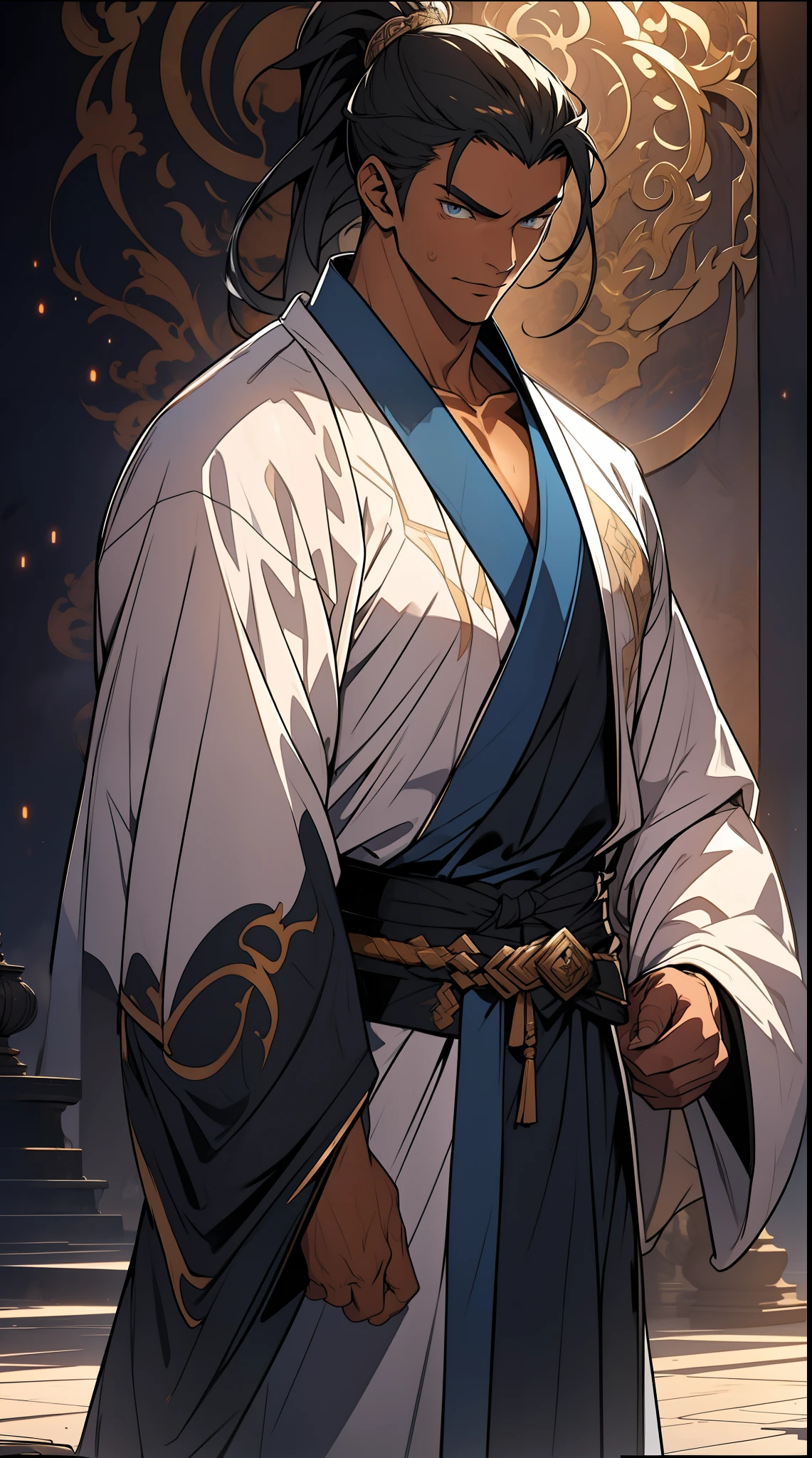 quadratic element,style of anime,mtu(Male Warrior),The proportions are correct,Face details,swordsmen,High ponytail hairstyle,Neck details,There is an Adam's apple,White robe,kaftan,long white robe,clothes details,Handing over,longer sleeves,Game quality,Swordsmanship,Light and shadow tracking,Ray traching,detailed glow,cg render,hair detail,cabelos preto e longos,blue colored eyes,Handsome,Handsome,(juvenile sense),Clothing is complicated,Perfectcomposition,Refinement,high qulity,higher details,Lots of details,The background is complex,a sense of atmosphere,