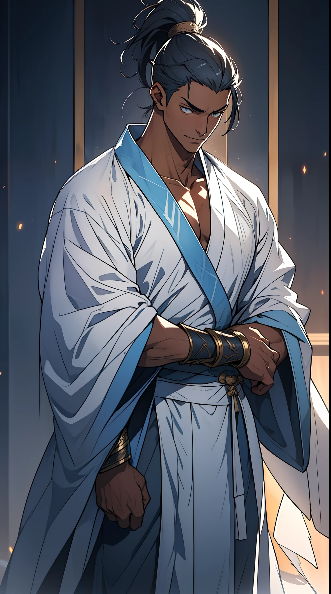 quadratic element,style of anime,mtu(Male Warrior),The proportions are correct,Face details,swordsmen,High ponytail hairstyle,Neck details,There is an Adam's apple,White robe,kaftan,long white robe,clothes details,Handing over,longer sleeves,Game quality,Swordsmanship,Light and shadow tracking,Ray traching,detailed glow,cg render,hair detail,cabelos preto e longos,blue colored eyes,Handsome,Handsome,(juvenile sense),Clothing is complicated,Perfectcomposition,Refinement,high qulity,higher details,Lots of details,The background is complex,a sense of atmosphere,