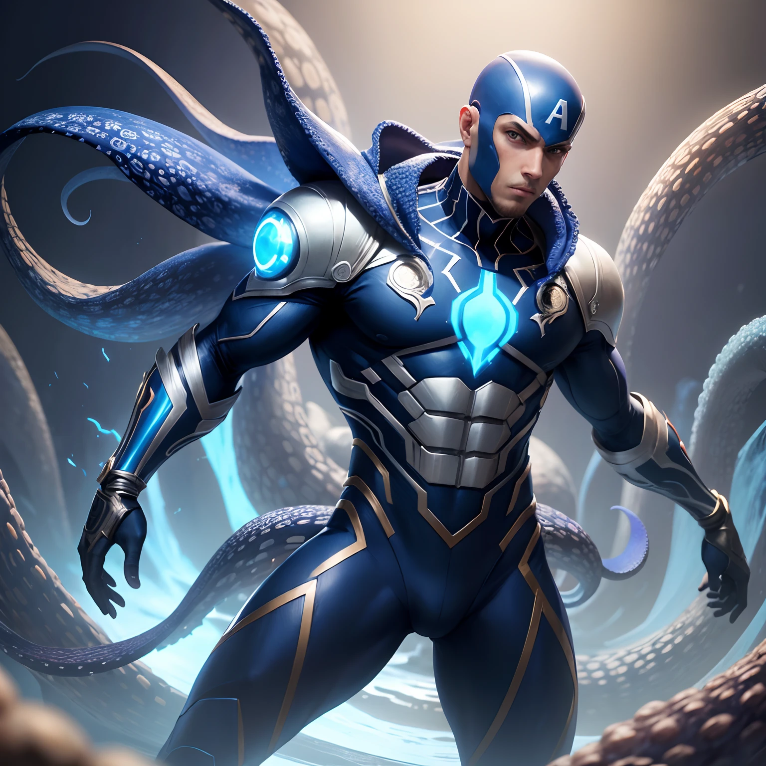 Homem careca, Robot SeaArt Txt2Img Standard 23:11:28 Create a realistic 8k HD Ultra image of a Marvel character in a costume inspired by the Spider-Man costume only that this superhero would have the costume inspired by an octopus, ele seria o homem polvo, com seu traje em tons de branco azul Ciano azul claro e azul escuro seu traje tem um lindo perfeito e detalhado ,Details with octopus tentacles, Ventosas ,no estilo Homem-Aranha do aranhaverso,Costume inspiration of superhero costume is an octopus.
