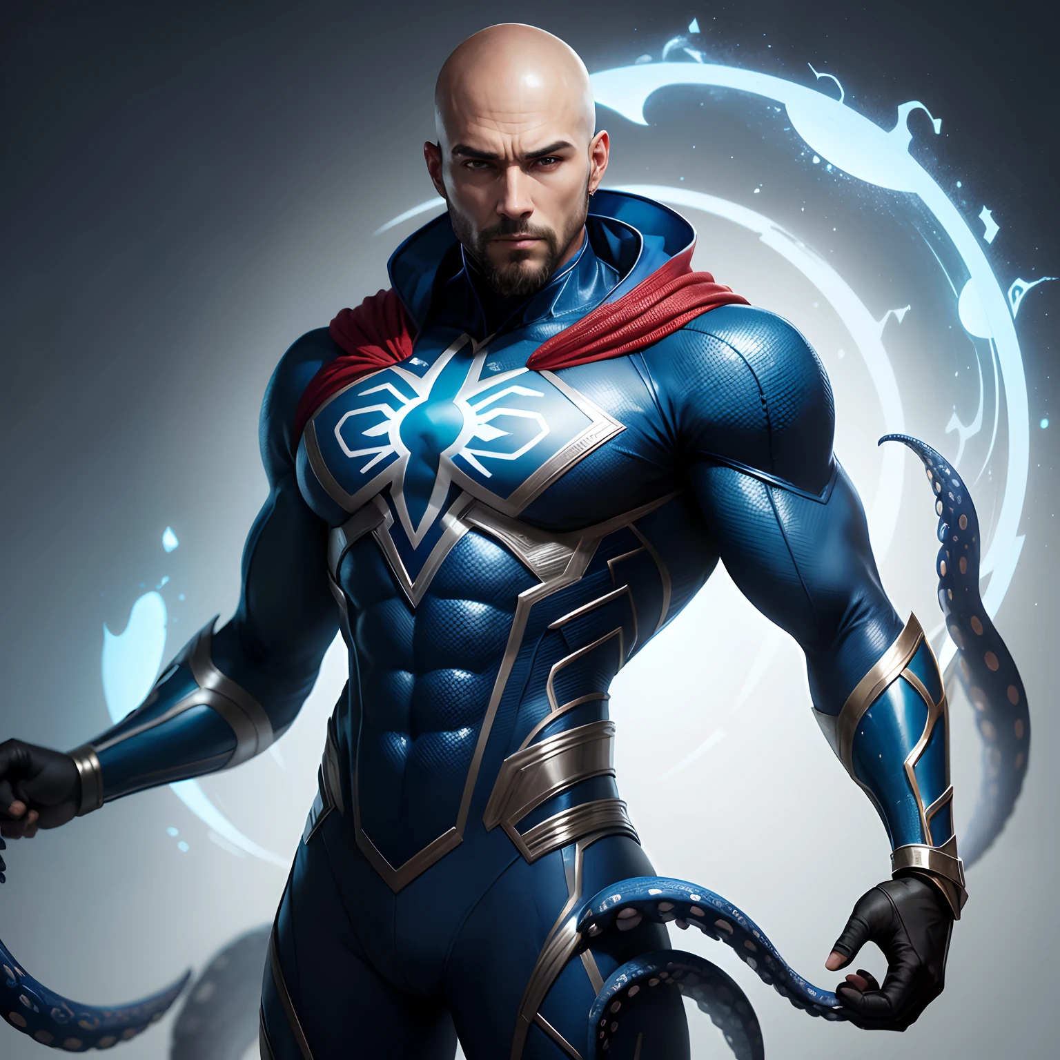 Homem careca, Robot SeaArt Txt2Img Standard 23:11:28 Create a realistic 8k HD Ultra image of a Marvel character in a costume inspired by the Spider-Man costume only that this superhero would have the costume inspired by an octopus, ele seria o homem polvo, com seu traje em tons de branco azul Ciano azul claro e azul escuro seu traje tem um lindo perfeito e detalhado ,Details with octopus tentacles, Ventosas ,no estilo Homem-Aranha do aranhaverso,Costume inspiration of superhero costume is an octopus.