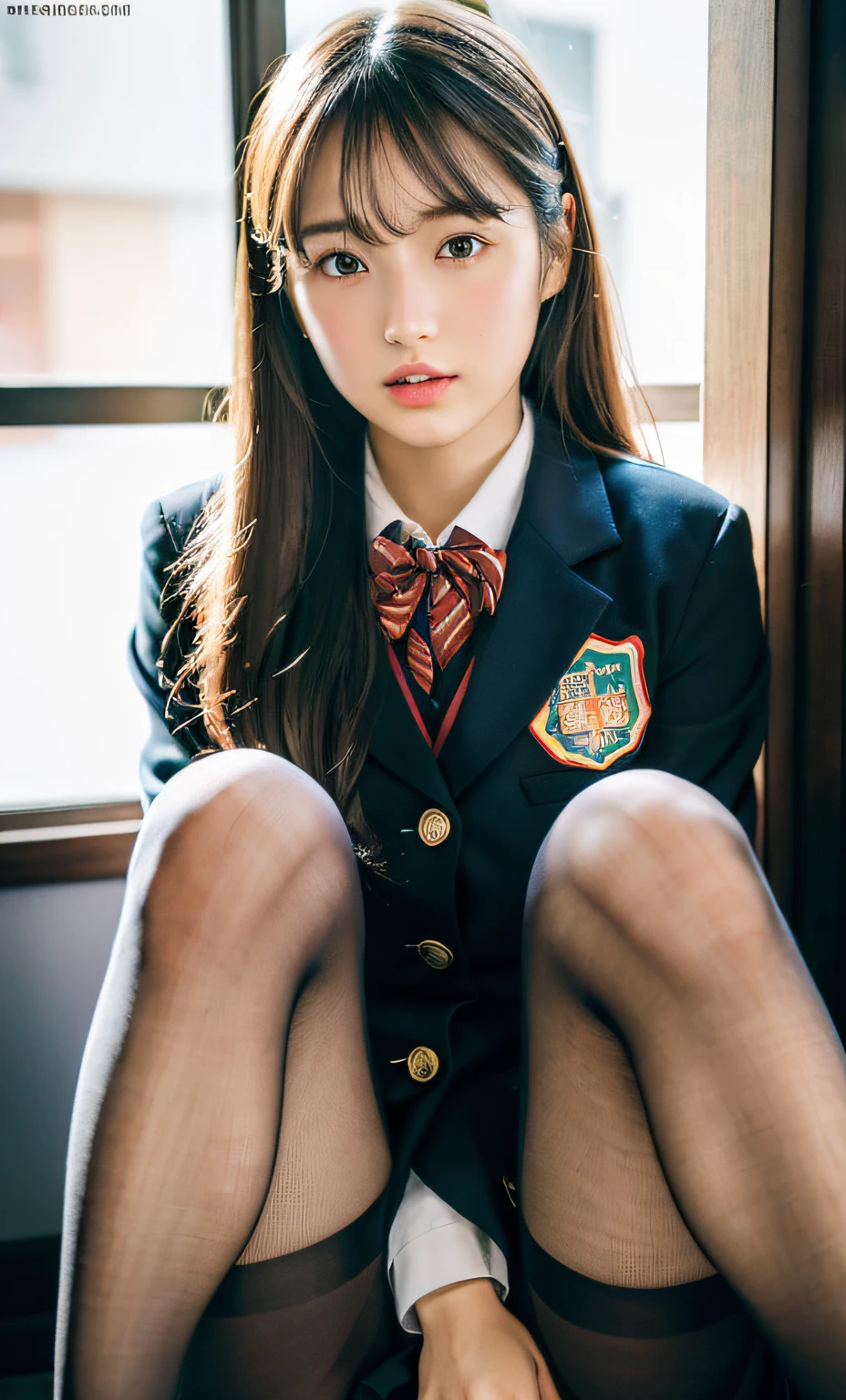 ulzzang -6500-v1.1, (Raw photo:1.2), (Photorealistic:1.4), Beautiful detailed girl, Very detailed eyes and face, Beautiful detailed eyes, Ridiculous, Incredibly ridiculous, Huge file size, super detailed, High resolution, Very detailed, Best Quality, masutepiece, Kemomimi, ((Japanese girls' high school uniform)), Illustration, Very detailed, nffsw, unified, 8K Wallpaper, amazing, Fine details, masutepiece, Best Quality, Highly detailed ticker uniform 8k wallpaper, Light on Face, Cinematic lighting, 1girl in, ************, (()), ((Dynamic Pose))), (Camel toe), (half), (pantyhose), (knee-bending leg sitting))