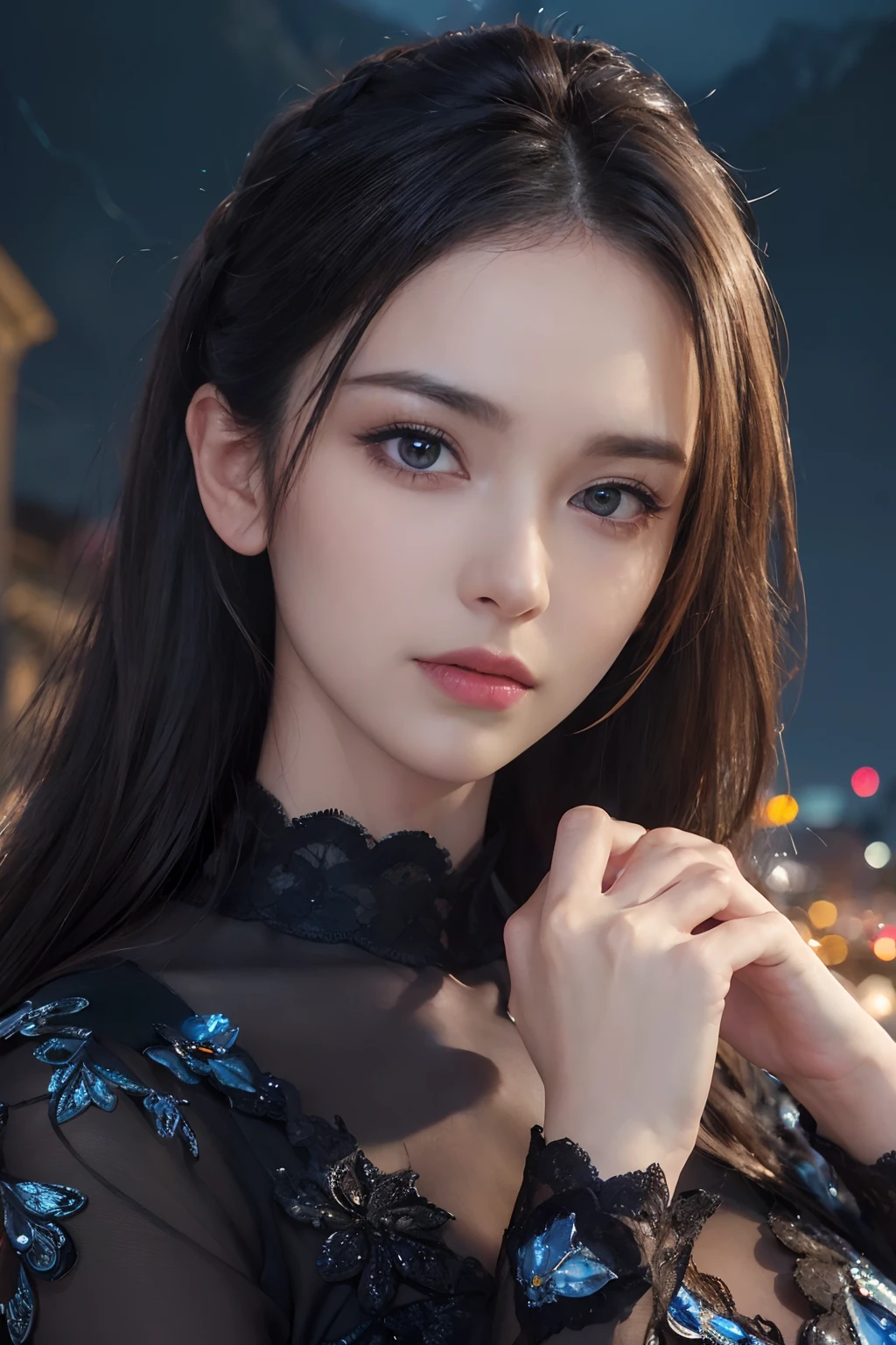(skindentation:1.5), Realistic, Photorealistic, (masterpiece:1.5), concept art, intricate details, highly detailed, photorealistic, octane render, 8k, unreal engine, dynamic pose, best quality, highres, (realistic face:1.1), (hyperrealistic:1.1), ((full_body)), perfect eyes,(shiny skin:1.2), (((hairstyle))), (((perfect hands))), (extremely detailed background), ((dynamic background)), (light rays), ((detailed eyes, high quality eyes, high quality face)), (((flowing hairstyle))), epic, depth of field, bokeh, 4k, gothic, mountain background, lightning, glowing blue iris, at night,