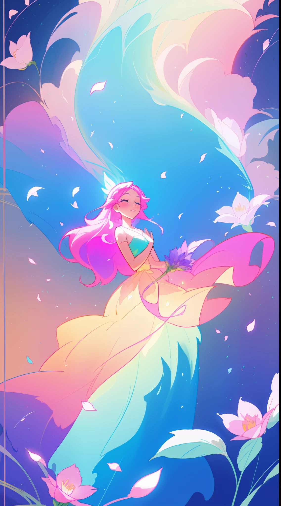 beautiful girl in flowing ballgown, flower fairy in a dress made of flower petals, flowers and colorful plants, inspired by Glen Keane, inspired by Lois van Baarle, disney art style, by Lois van Baarle, glowing aura around her, by Glen Keane, jen bartel, glowing lights! digital painting, flowing glowing hair, glowing flowing hair, beautiful digital illustration, fantasia otherworldly landscape plants flowers, beautiful, masterpiece, best quality, anime disney style