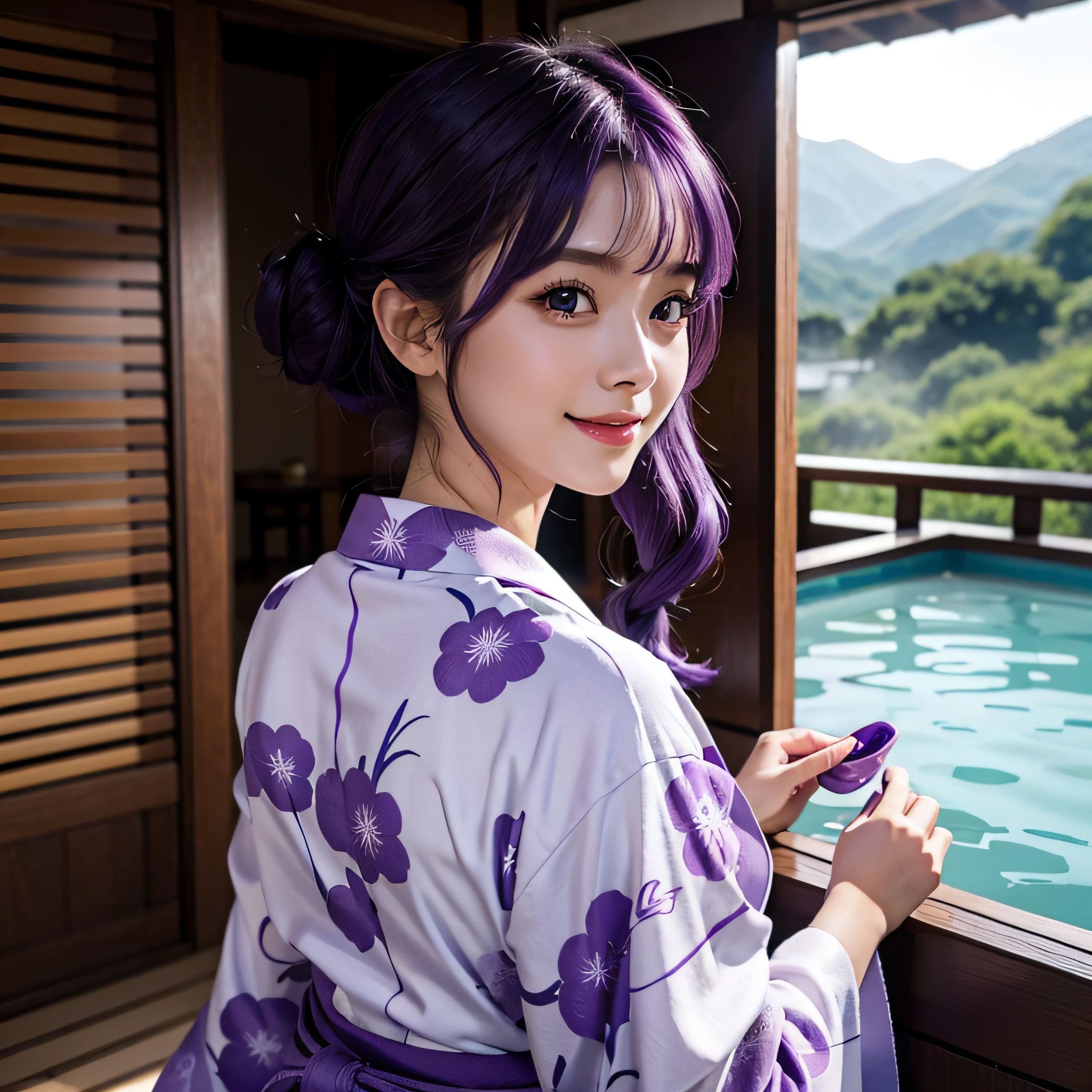 Best Quality, High quality, Cute *********** s, Solo, Beautiful purple hair, Beautiful purple eyes, lightsmile, Taking off your yukata and preparing to go to the hot spring、Image from the back、