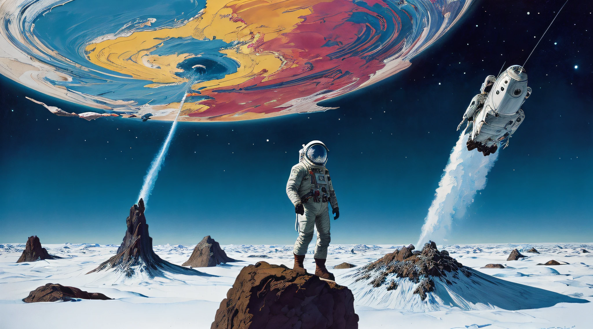 "realistic detailed image of an cosmonaut alone in the tundra in the style of Francis Bacon, Surreal, Norman Rockwell and James Jean, Greg Hildebrandt, and Mark Brooks, triadic color scheme, By Greg Rutkowski, in the style of Francis Bacon and Syd Mead and Edward Hopper and Norman Rockwell and Beksinski, open ceiling, highly detailed, painted by Francis Bacon, painted by James Gilleard, surrealism, airbrush, Ilya Kuvshinov, WLOP, Stanley Artgerm, very coherent, art by Takato Yamamoto and James Jean"
abstract dream, space, intricate, grand scale, alone, cinematic film still, insane detail, sharp focus, depth of field, realistic lighting, (realistic perspective), complex, (multiple subjects), 4k HDR,