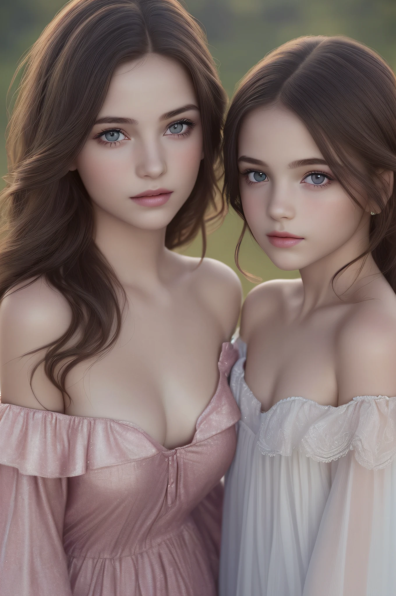 (2little girls:1.3), (Ultra realistic, high res), (highly detailed eyes, highly detailed hair, highly detailed face, highly detailed plump lips), (off shoulder with open chest:1.3), small breasts, upper body, caute smile, (best quality:1.4), Raw photo, (realistic, photo-realistic:1.37), professional photography, cinematic light, (fine face: 1.2), view from above