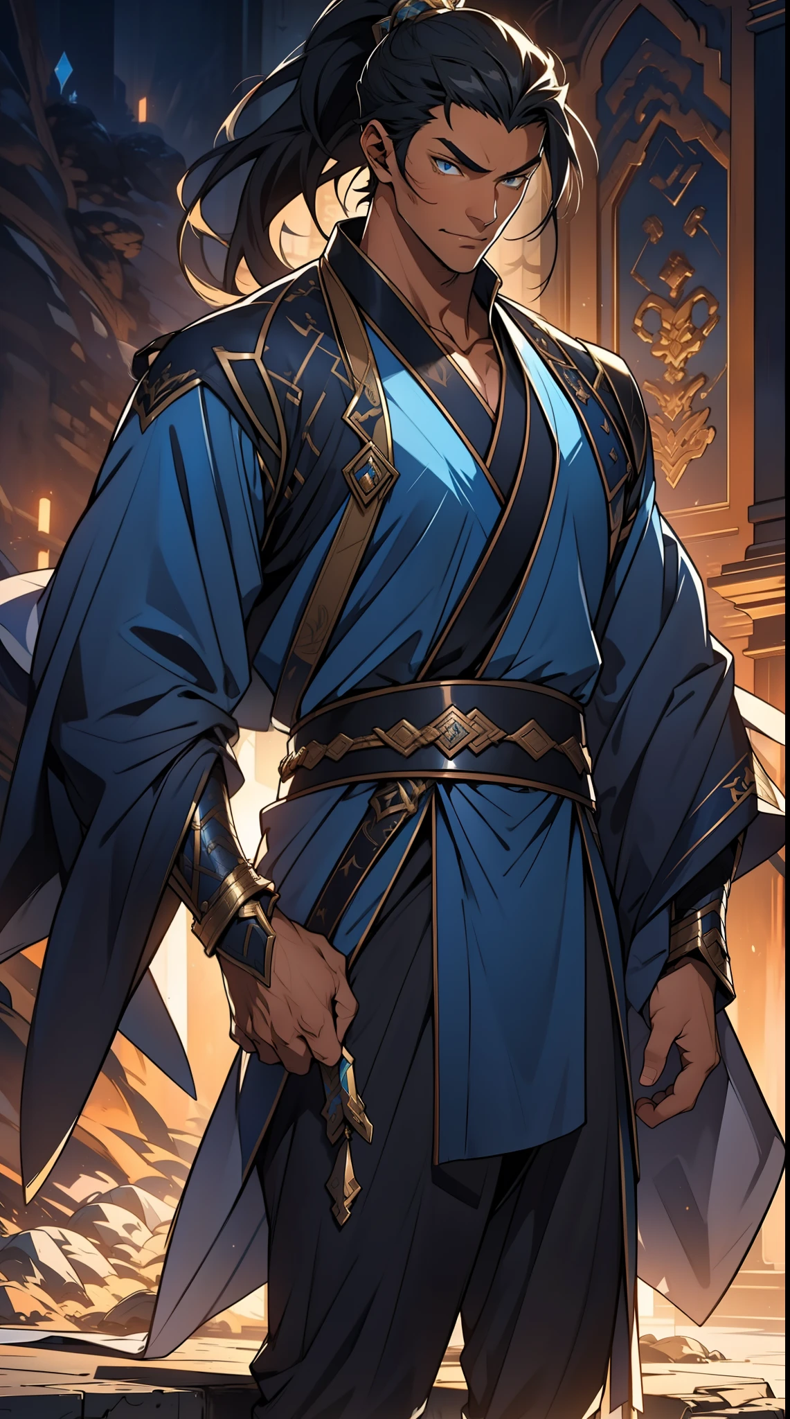 quadratic element,style of anime,mtu(Male Warrior),The proportions are correct,Face details,swordsmen,High ponytail hairstyle,Neck details,There is an Adam's apple,Blue suit,kaftan,long blue robes,clothes details,Handing over,longer sleeves,Game quality,Swordsmanship,Light and shadow tracking,Ray traching,detailed glow,cg render,hair detail,Black long hair,blue colored eyes,Handsome,Handsome,(juvenile sense),Clothing is complicated,Perfectcomposition,Refinement,high qulity,higher details,Lots of details,The background is complex,a sense of atmosphere,