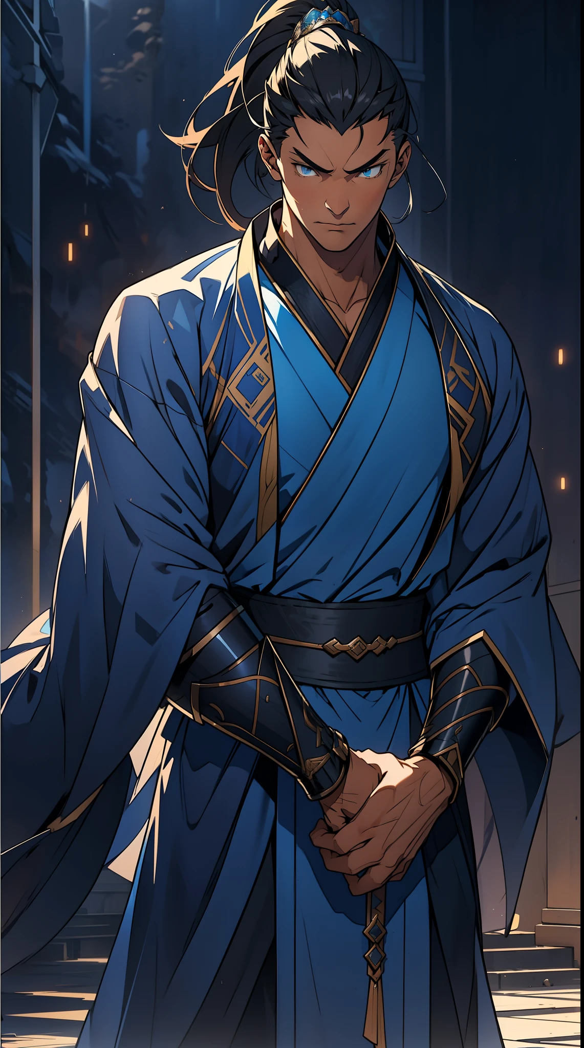 quadratic element，style of anime，mtu（Male Warrior），The proportions are correct，Face details，swordsmen，High ponytail hairstyle，Neck details，There is an Adam's apple，Blue suit，kaftan，long blue robes，clothes details，Handing over，longer sleeves，Game quality，Swordsmanship，Light and shadow tracking，Ray traching，detailed glow，cg render，hair detail，Black long hair，blue colored eyes，Handsome，Handsome，（juvenile sense），Clothing is complicated，Perfectcomposition，Refinement，high qulity，higher details，Lots of details，The background is complex，a sense of atmosphere， 1 man，is shy，Pee on the legs，pissing，Urine runs down the thighs，embarressed，exhilarated，is shocked，panicking，worry，A small puddle of their own urine forms around the feet，full bodyesbian，kneels on the ground，Very eager to pee，It's uncomfortable，Wet yourself，Urine discharge， Sweaty crotch，Drenched，