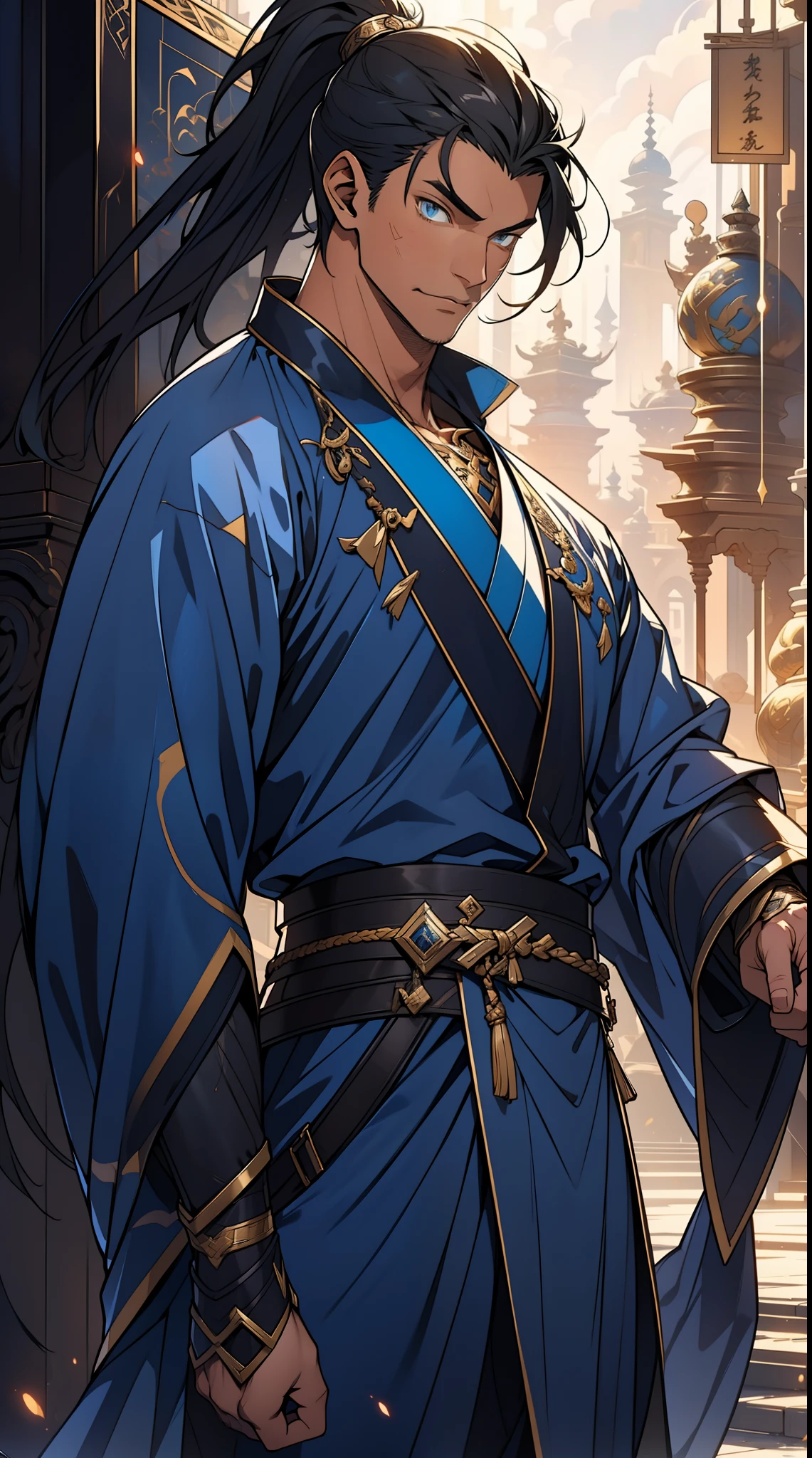 quadratic element,style of anime,mtu(Male Warrior),The proportions are correct,Face details,swordsmen,High ponytail hairstyle,Neck details,There is an Adam's apple,Blue suit,kaftan,long blue robes,clothes details,Handing over,longer sleeves,Game quality,Swordsmanship,Light and shadow tracking,Ray traching,detailed glow,cg render,hair detail,Black long hair,blue colored eyes,Handsome,Handsome,(juvenile sense),Clothing is complicated,Perfectcomposition,Refinement,high qulity,higher details,Lots of details,The background is complex,a sense of atmosphere,