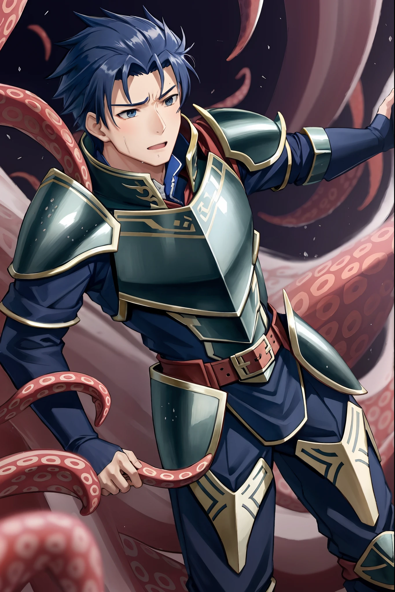 Hector Fey(adult man), 独奏, looking at viewert,Tied by tentacles(Mucus-secreting tentacles) ,perfect male figure,with her mouth open,drools,perspire,Tight combat uniform,Armour,Armour,Get wet, mitts, 1 man,weeping,Be red in the face, Male focus,Tentacles wrapped around thighs(Octopus tentacles wrap around thighs), mtu,cloaks, Armour, Shoulder armor, Soaked leggings,Wrists bound by tentacles,Waist wrapped around tentacles,,ember