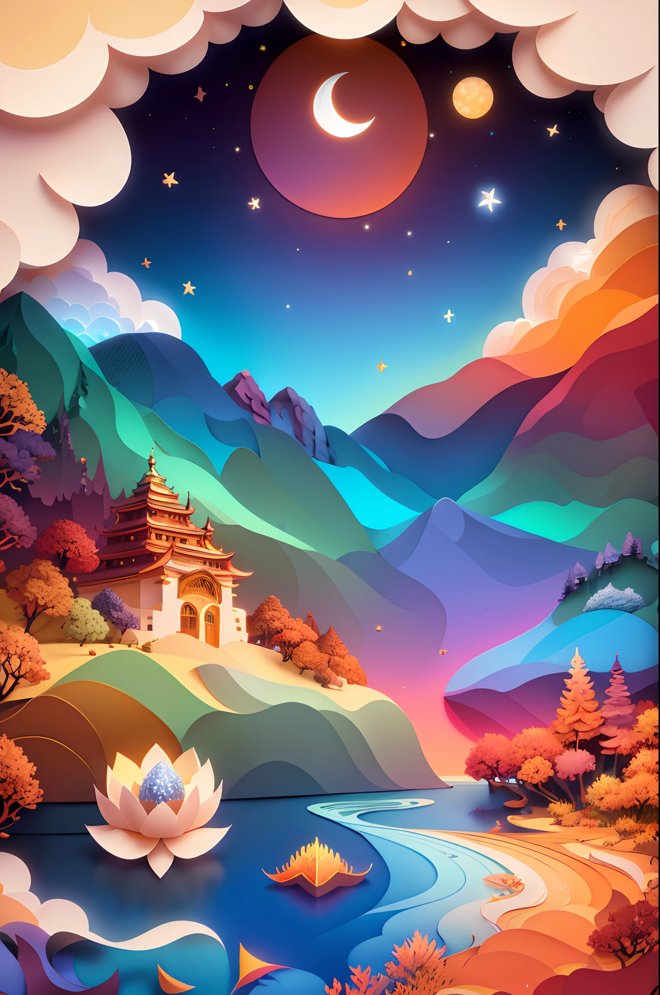 (((tmasterpiece))),best qualtiy,illustratio,Beautiful detail glow,autumnal,eventide,riverbank,Beauty
Paper_cut, simple backgound, full bodyesbian, Eau, Clouds, Colorful, florest background, fanciful, Pedras preciosas, tiara crown, (1girll), 独奏,