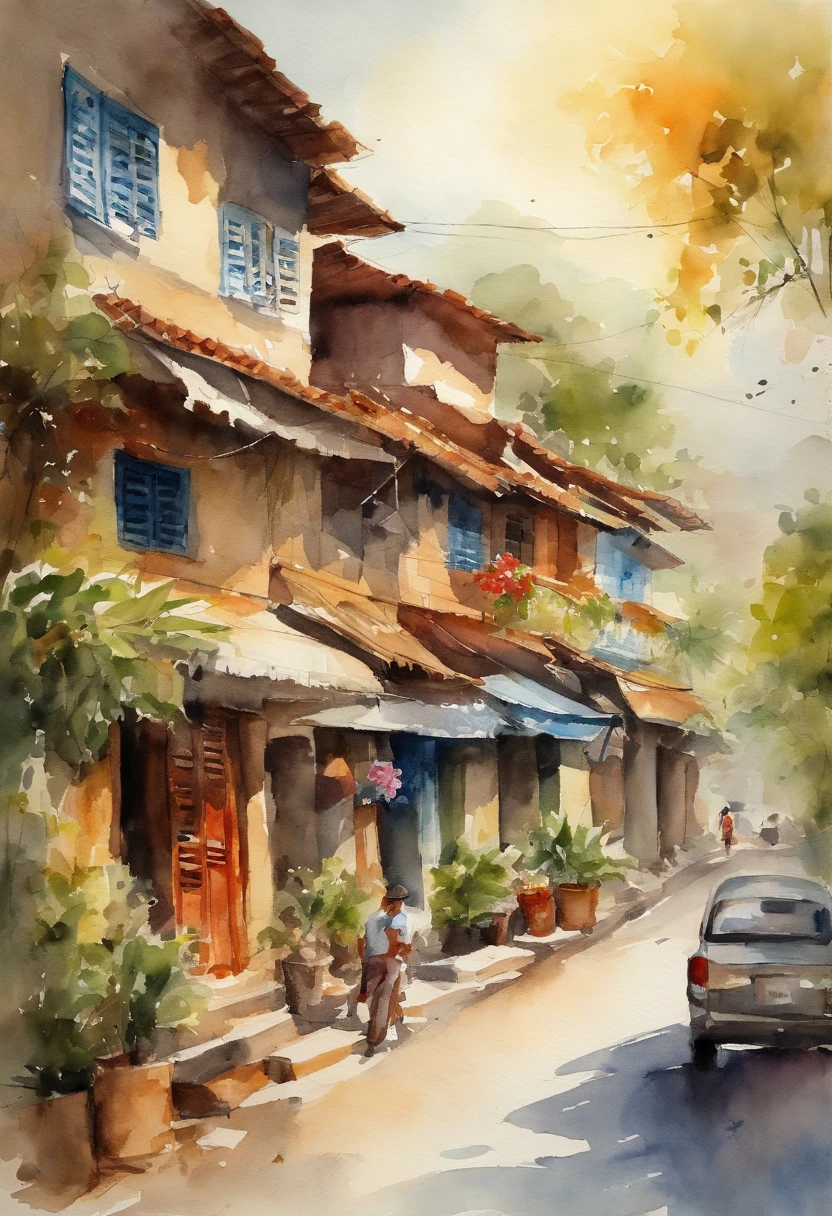 Draw a watercolor picture of Da Nang, a street corner with people and houses