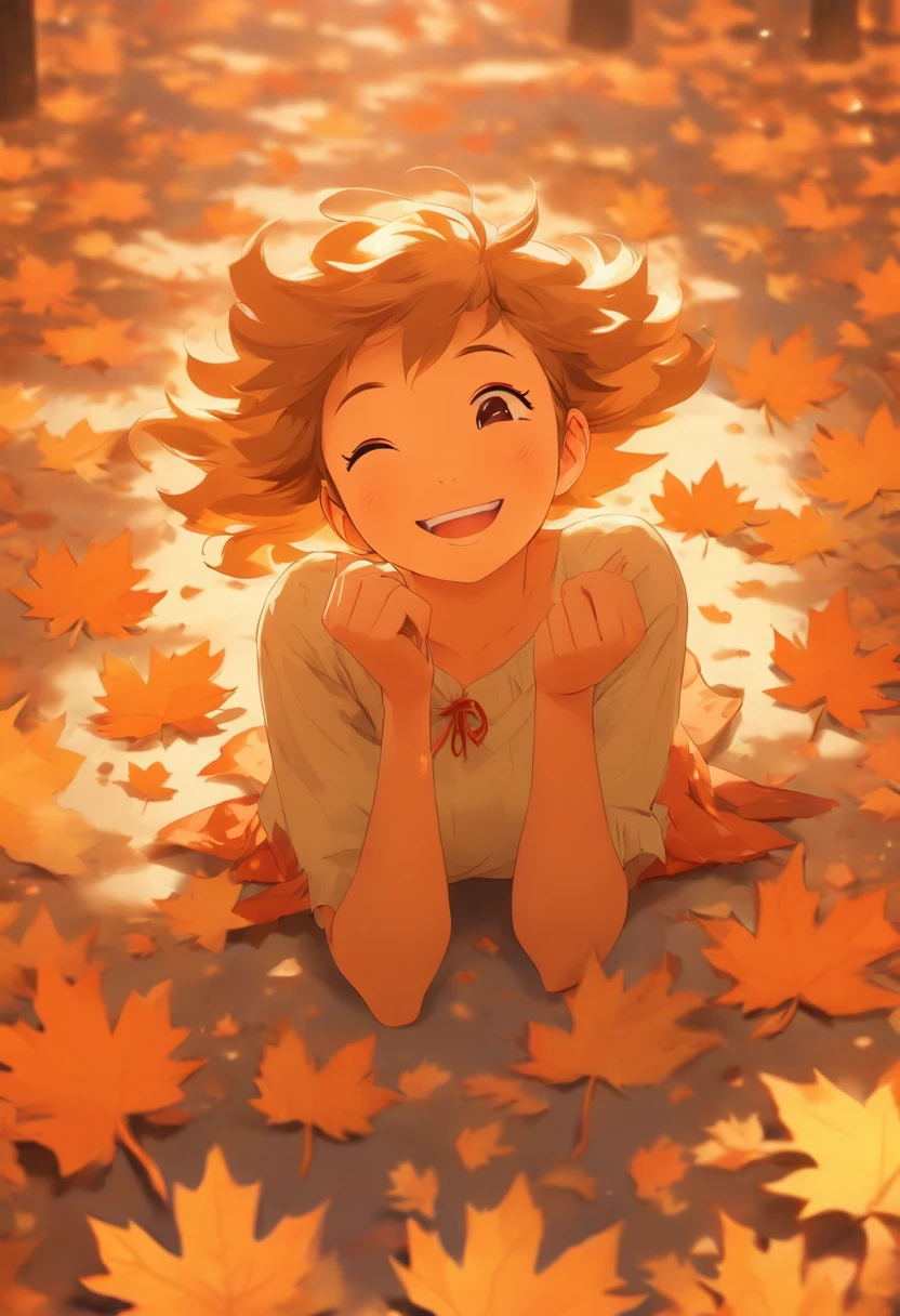 A girl lies happily on the ground, Ultra-clear details., Maple leaves are scattered all over the place, Sun mottled, Warm color, Trichotomy composition