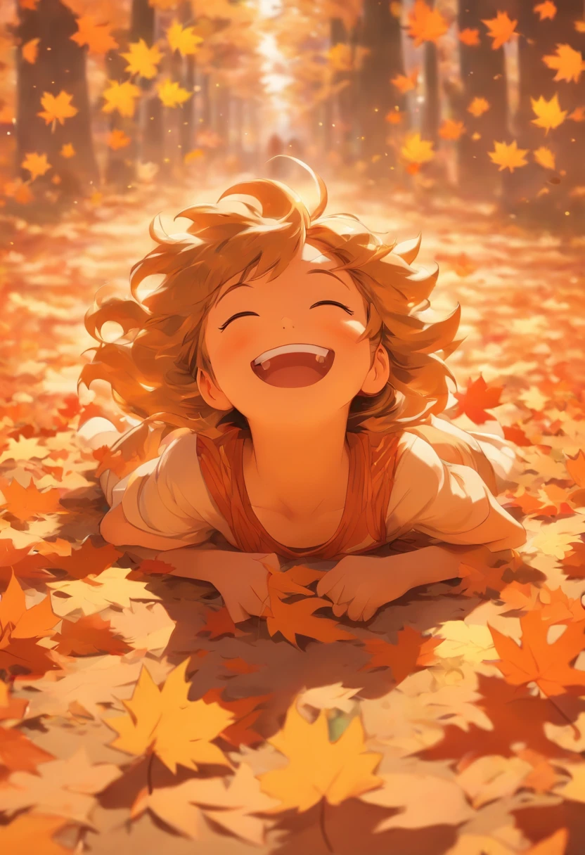 A girl lies happily on the ground, Ultra-clear details., Maple leaves are scattered all over the place, Sun mottled, Warm color, Trichotomy composition