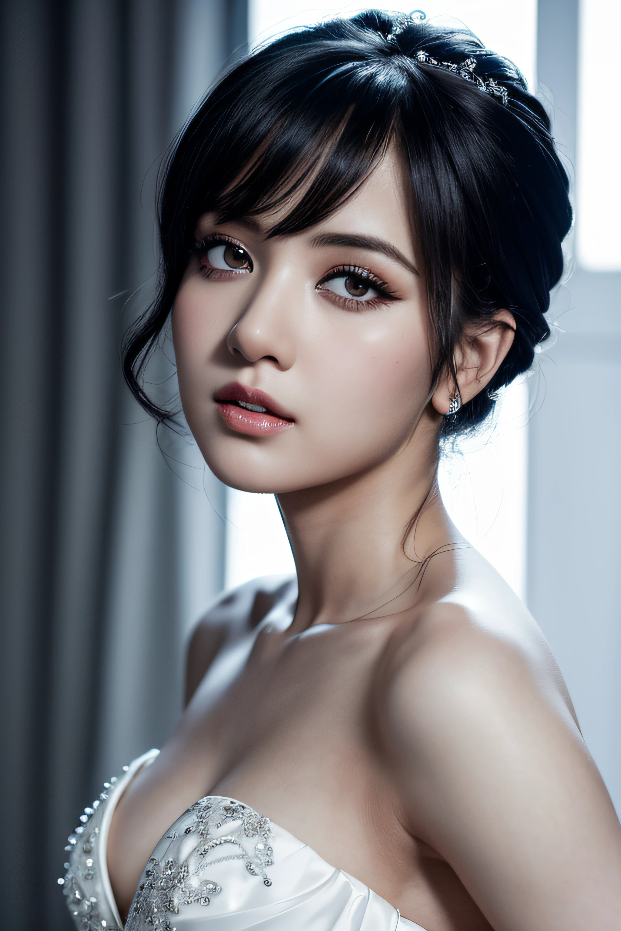 A realistic photo of a young arafed woman with short tied tangled black hair wearing white bridal dress posing for a photo shoot looking at the camera, moody lighting, light from right side, low key, dramatic lighting,HDR, dynamic range, high contrast,poker face, close up photo.