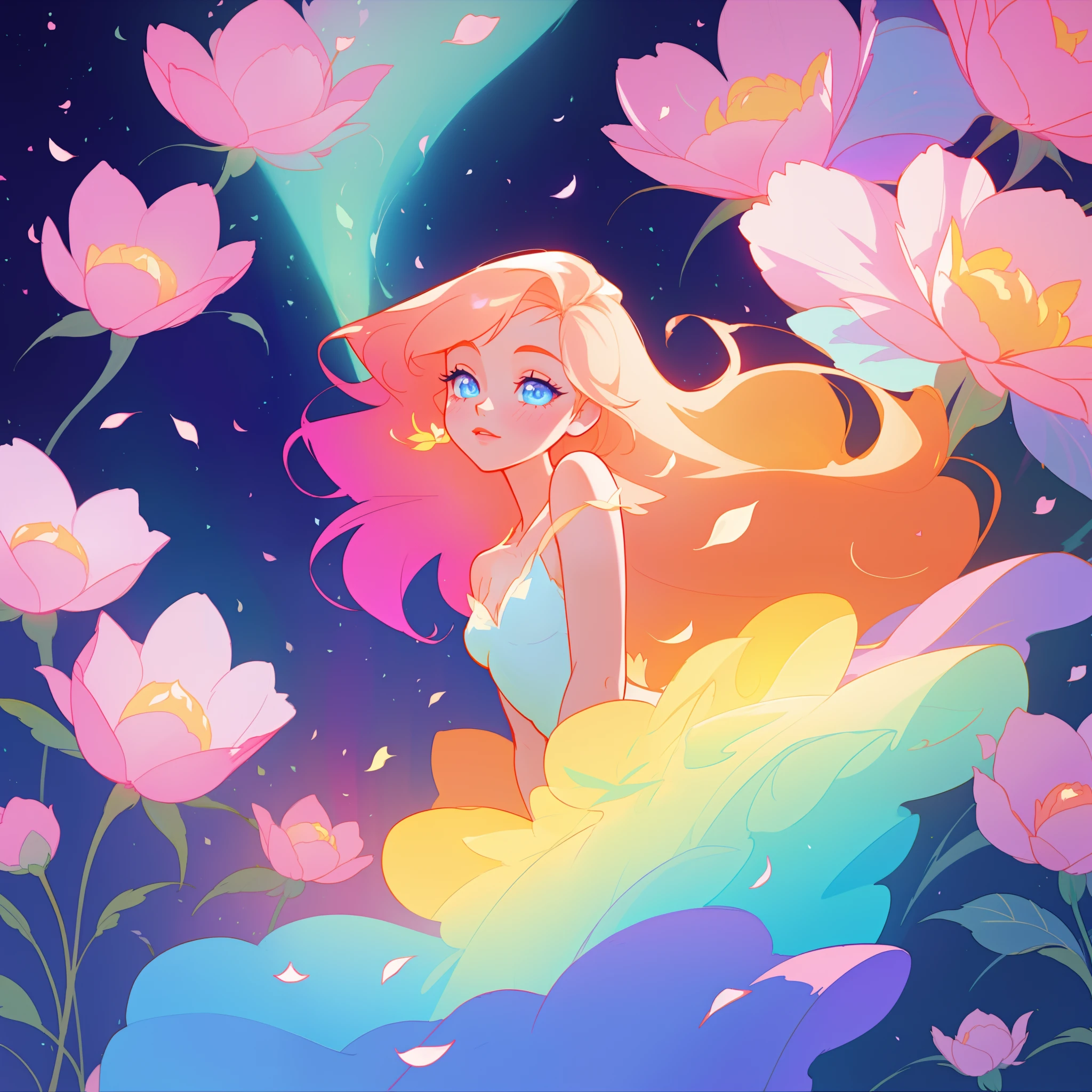 beautiful girl in flowing ballgown, flower fairy in a dress made of flower petals, flowers and colorful plants, inspired by Glen Keane, inspired by Lois van Baarle, disney art style, by Lois van Baarle, glowing aura around her, by Glen Keane, jen bartel, glowing lights! digital painting, flowing glowing hair, glowing flowing hair, beautiful digital illustration, fantasia otherworldly landscape plants flowers, beautiful, masterpiece, best quality, anime disney style