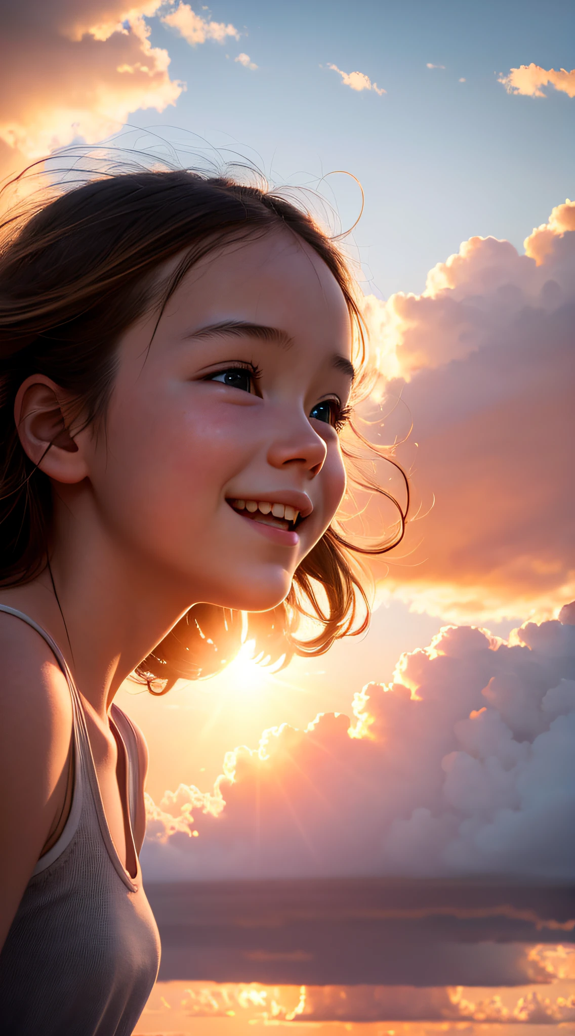masterpiece, best quality, still, 1girl, cloud girl, floating in the sky, close-up, bright, happy, warm soft lighting, sunset, (sparks:0.7)