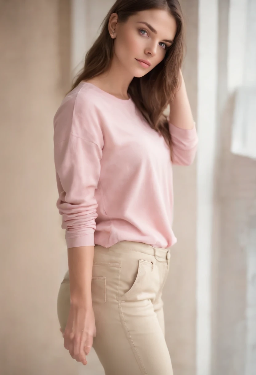 Girl with brunette hair and green eyes in tight, light beige khaki pants and a pink T-shirt with pie cream on her butt