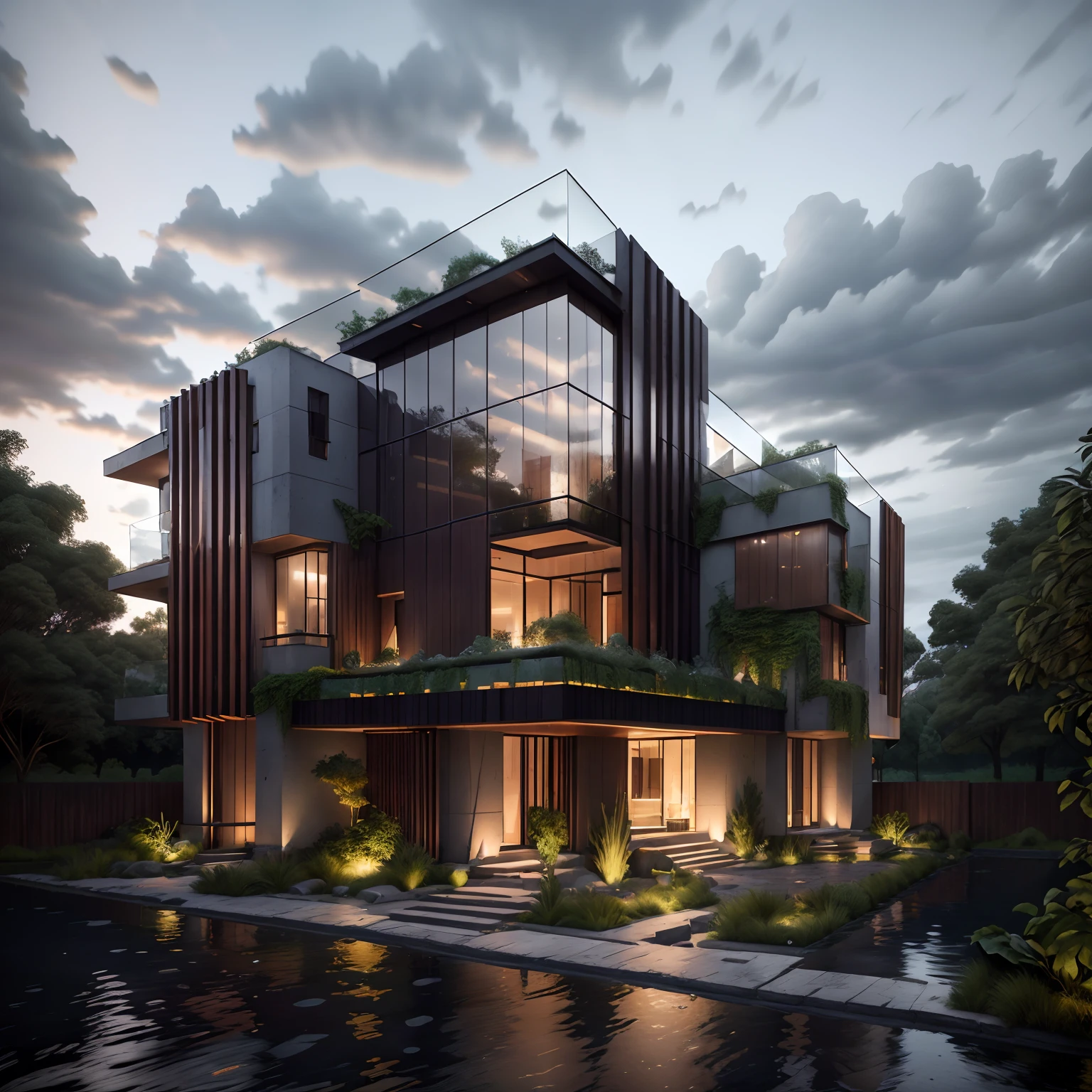 mordenhouse, house, glass house with a sloping roof, modern, dynamic (RAW photo, real, best quality, masterpiece:1.2), (hyper realistic, photo-realistic:1.2), high quality, (dark lighting:1.2), perfect lighting, archdaily