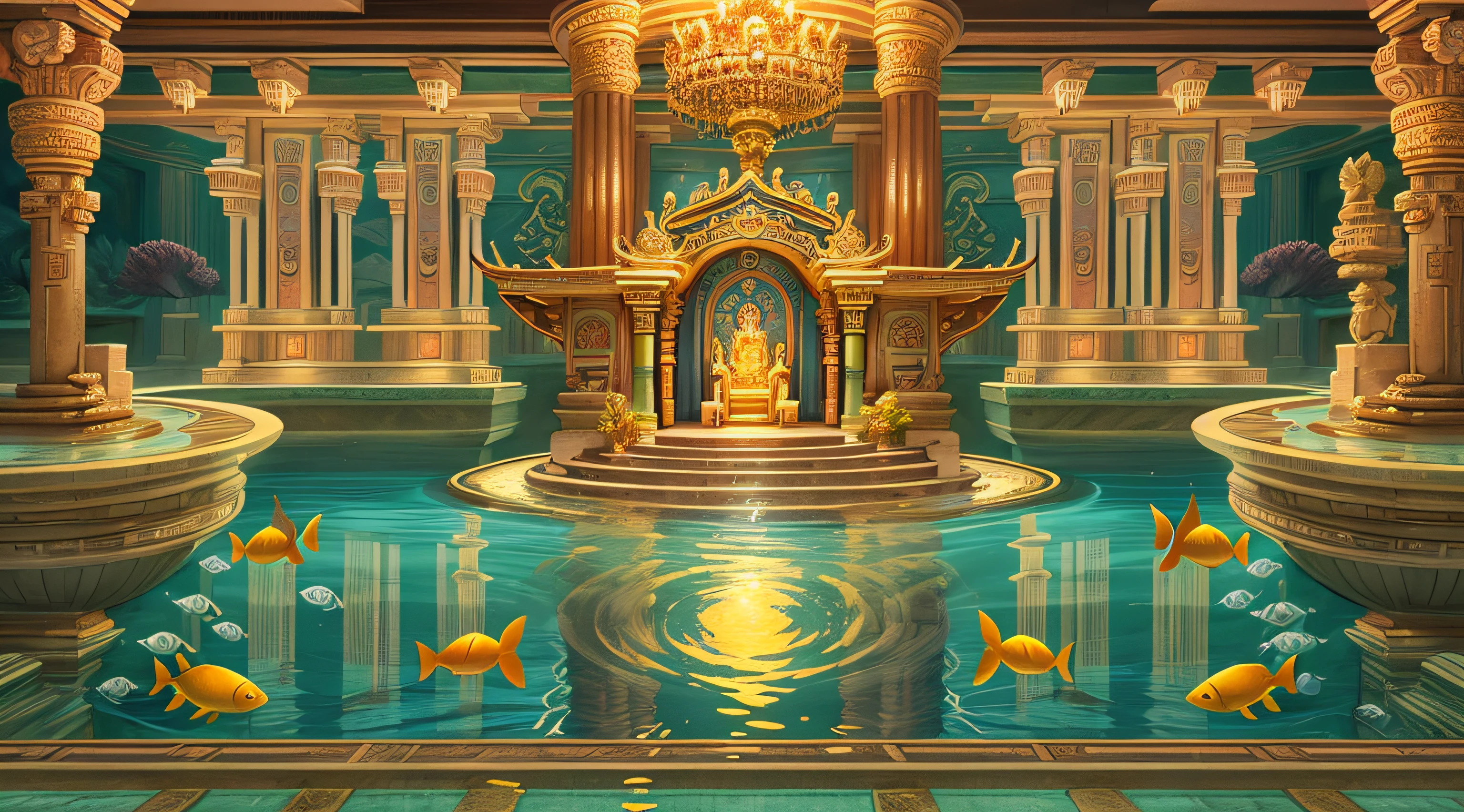 There is a cartoon of a throne,There is a swimming pool in the middle, Temple background, background depicting a temple, light kingdom backdrop, atlantis background, Undersea temple, palace background, mysterious temple setting, background art deco palace, Underwater temple with fish, Throne Room, water temple, Glowing throne, Golden throne, a mystical temple, cathedral background, underwater temple