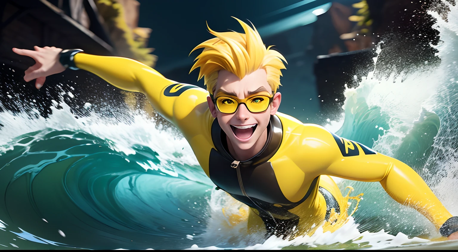 Man with yellow hair with quiff, wearing yellow glasses, with yellow wetsuit, playing in a river with a happy expression, pixar disney cartoon style