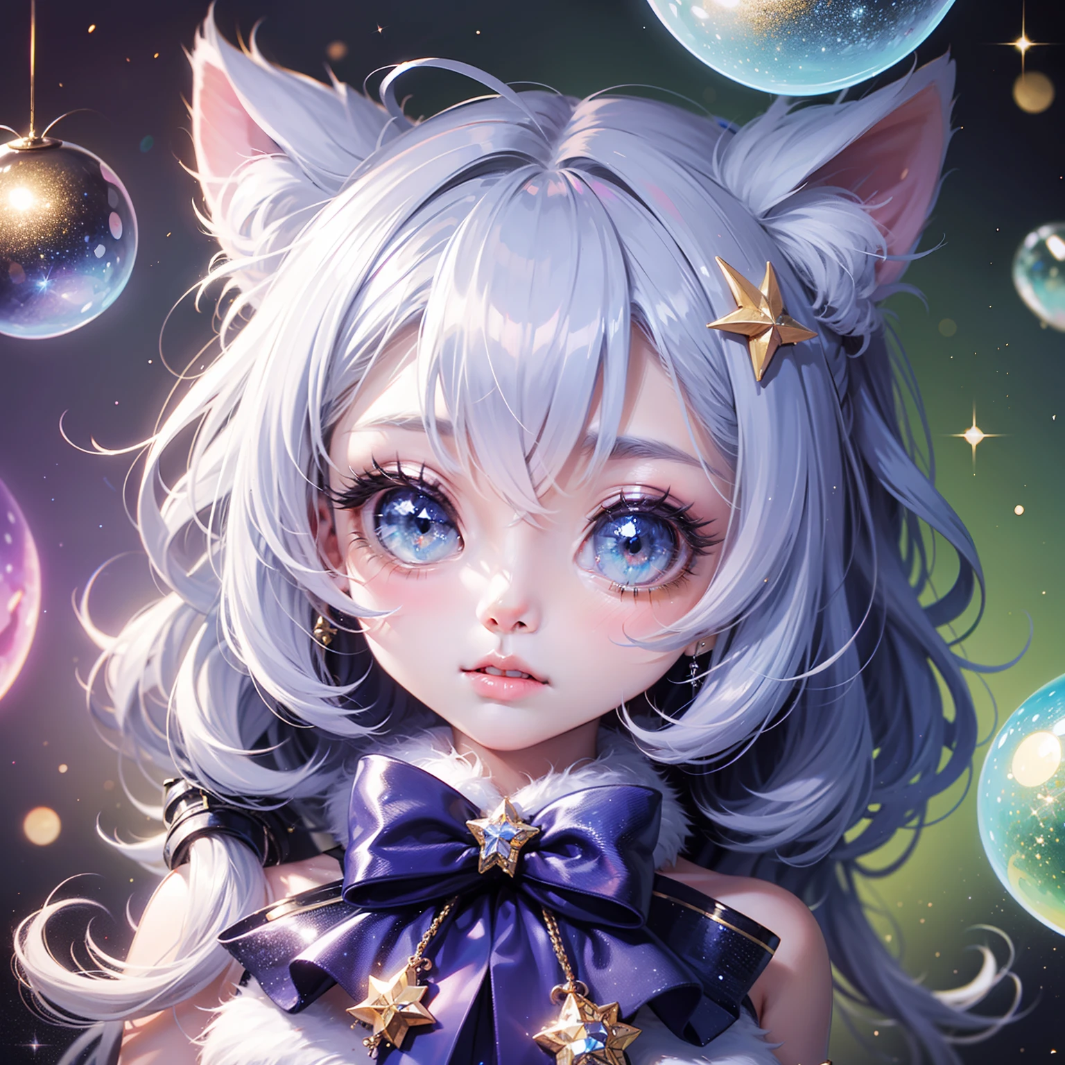 A kitten, Cute, Big eyes, a sticker, Glitter in the background, Cartoon style, Chibi, 8K Sequins、kirakira、Fluffy fur second blue eyes Fantasy light sparkling background