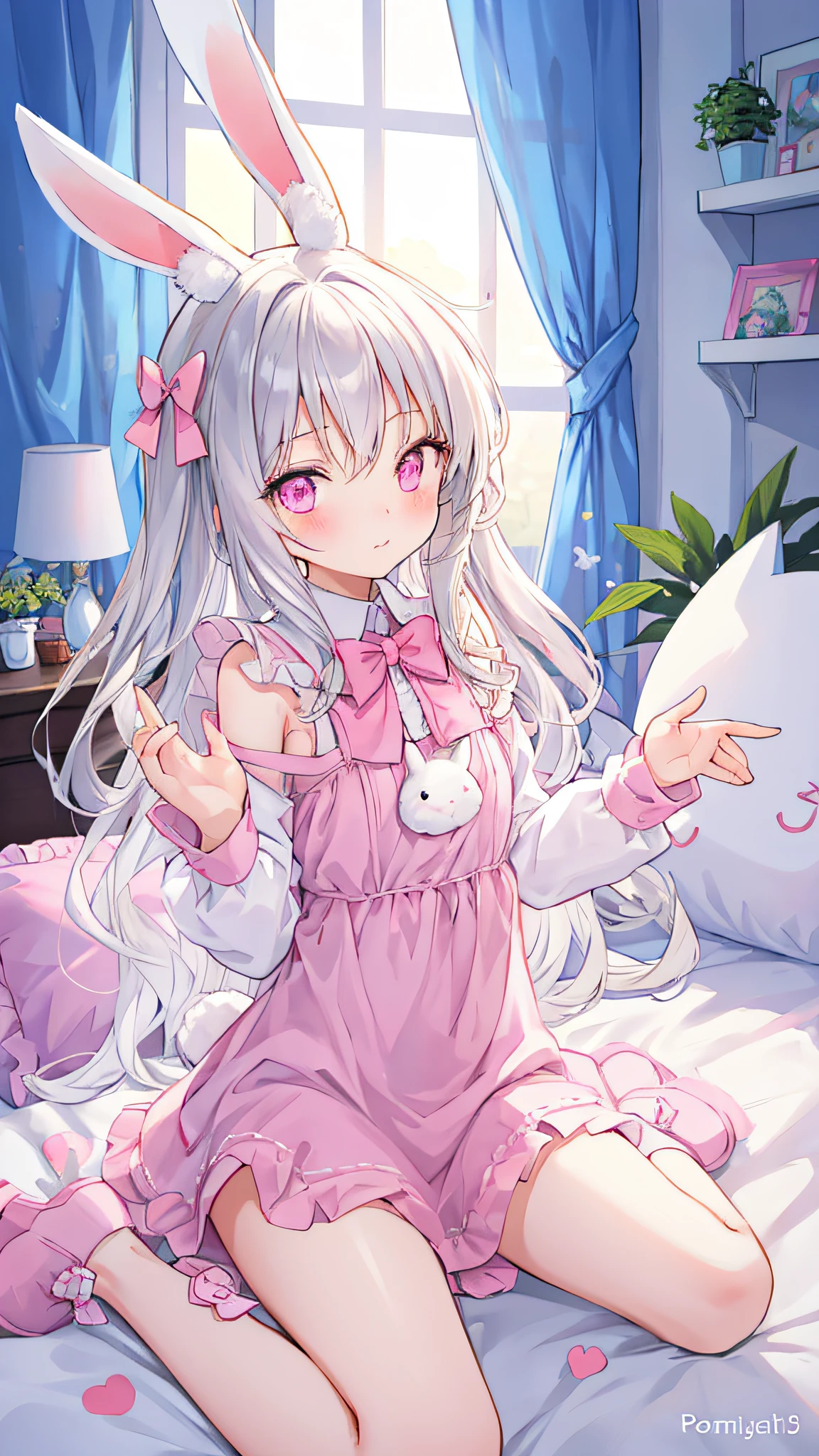 (masterpiece), (best quality), (ultra detailed),(**li,White hair, yellow eyes, Pink striped hair,bunches,white dress pajamas, cat ears)