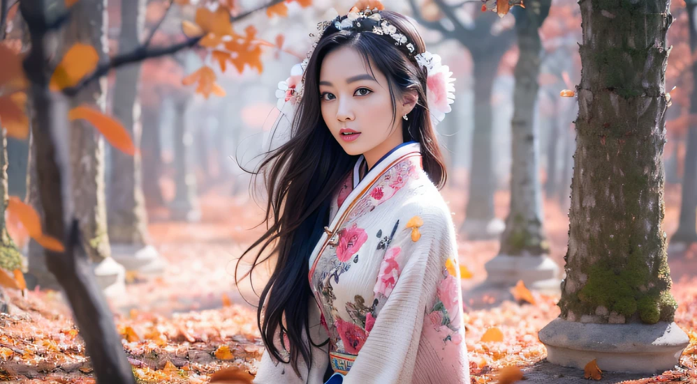 32K autumn view（tmasterpiece，k hd，hyper HD，32K）Long flowing black hair，ponds，zydink， a color， Autumn （Sensual girl）， （Blue and white silk scarf）， Combat posture， looking at the ground， long whitr hair， Floating hair， Carp pattern headdress， Chinese long-sleeved cheongsam， （Abstract gouache splash：1.2）， Pink petal background，Pink and white autumn sunset leaves fly（realisticlying：1.4），Black color hair，Fallen leaves flutter，The background is pure， A high resolution， the detail， RAW photogr， Sharp Re， Nikon D850 Film Stock Photo by Jefferies Lee 4 Kodak Portra 400 Camera F1.6 shots, Rich colors, ultra-realistic vivid textures, Dramatic lighting, Unreal Engine Art Station Trend, cinestir 800，Long flowing black hair，Bright clothes