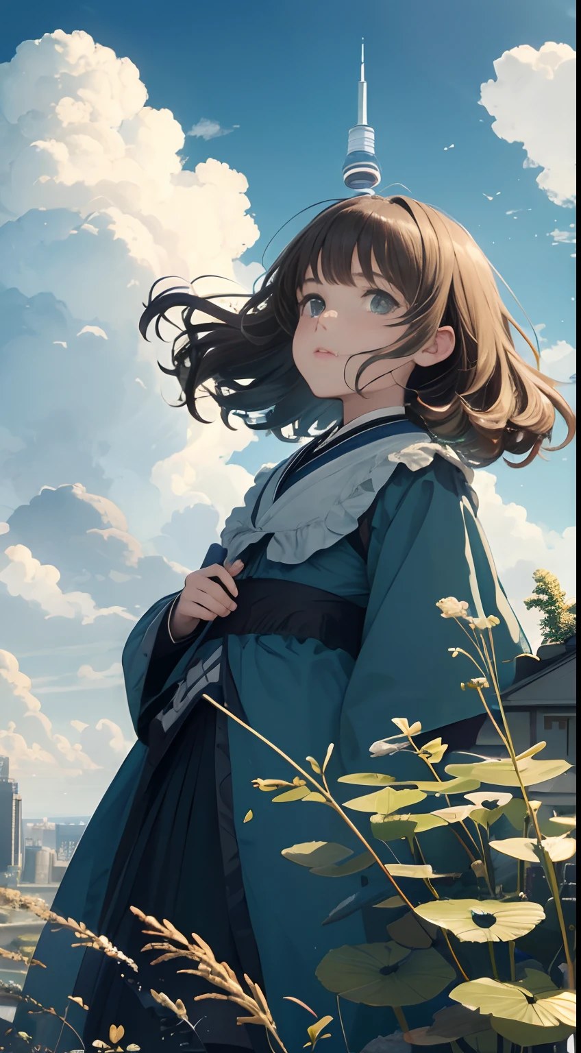 Kate Greenaway, George Barr, Dante Gabriel Rossetti, Japanese Anime, Surreal Mysterious Weird Fantastic Sci-fi Fantasy Fantasy, Toronto CN Tower, Blue Sky, Cumulus, School of Salmon Swimming in the Sky, beautiful voluminous Girl standing on the ground looking up, hyperdetailed high resolution high definition high quality masterpiece, detailed face