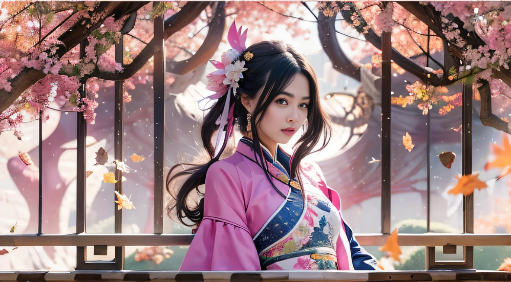 32K autumn view（tmasterpiece，k hd，hyper HD，32K）Long flowing black hair，ponds，zydink， a color， Autumn （Sensual girl）， （Blue and white silk scarf）， Combat posture， looking at the ground， long whitr hair， Floating hair， Carp pattern headdress， Chinese long-sleeved cheongsam， （Abstract gouache splash：1.2）， Pink petal background，Pink and white autumn sunset leaves fly（realisticlying：1.4），Black color hair，Fallen leaves flutter，The background is pure， A high resolution， the detail， RAW photogr， Sharp Re， Nikon D850 Film Stock Photo by Jefferies Lee 4 Kodak Portra 400 Camera F1.6 shots, Rich colors, ultra-realistic vivid textures, Dramatic lighting, Unreal Engine Art Station Trend, cinestir 800，Long flowing black hair，Bright clothes