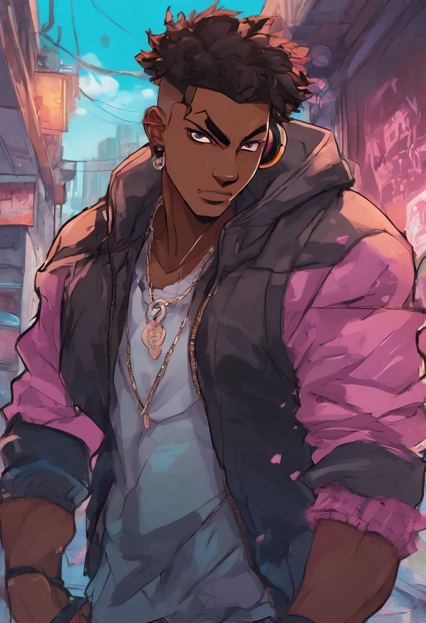 dark skin guy with an faded haircut wearing black jacket and headphones, aquamarine eyes, trigger anime artstyle, [[[[grinning evily]]]], portrait of ((mischievous)), , male anime character, young anime man, tall anime guy with rose pink eyes, fingerless gloves, [[[biker jacket]]], urban streets with graffiti on the walls, alleyway background