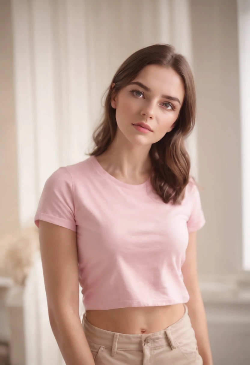 woman sitting on a bedroom in a soft pink tshirt, soft pink  tshirt, wearing a soft pink  tshirt, wearing tshirt, casual soft pink garment, wearing soft pink  clothes, soft pink  clothing, soft pink clothes, soft pink trendy clothes, in soft pink  clothes, little bit oversized, dressed in a soft pink  t shirt, wearing an oversized shirt, trendy soft pink  clothing, short sleeves, wearing soft pink shirt, front facing, smooth texture tshirt