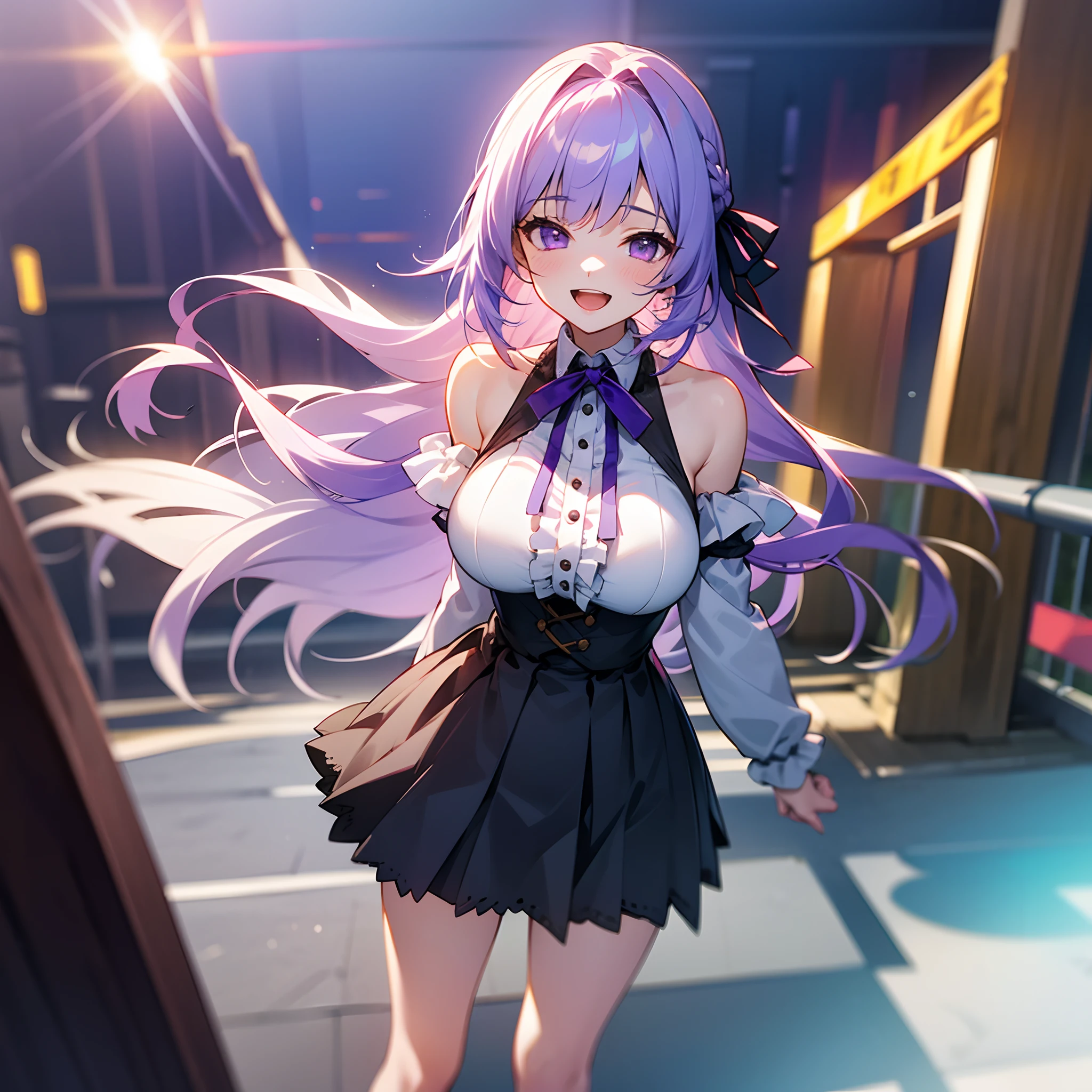 1 girl, game CG, frilled shirt, shoulders visible, short skirt, hair ribbon, gigantic breasts, light purple hair, long hair, french braid, purple eyes, pov, smile, open mouth, standing, park,