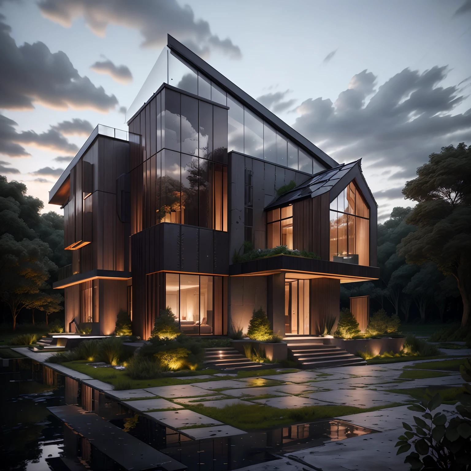 mordenhouse, house, glass house with a sloping roof, modern, dynamic (RAW photo, real, best quality, masterpiece:1.2), (hyper realistic, photo-realistic:1.2), high quality, (dark lighting:1.2), perfect lighting, archdaily
