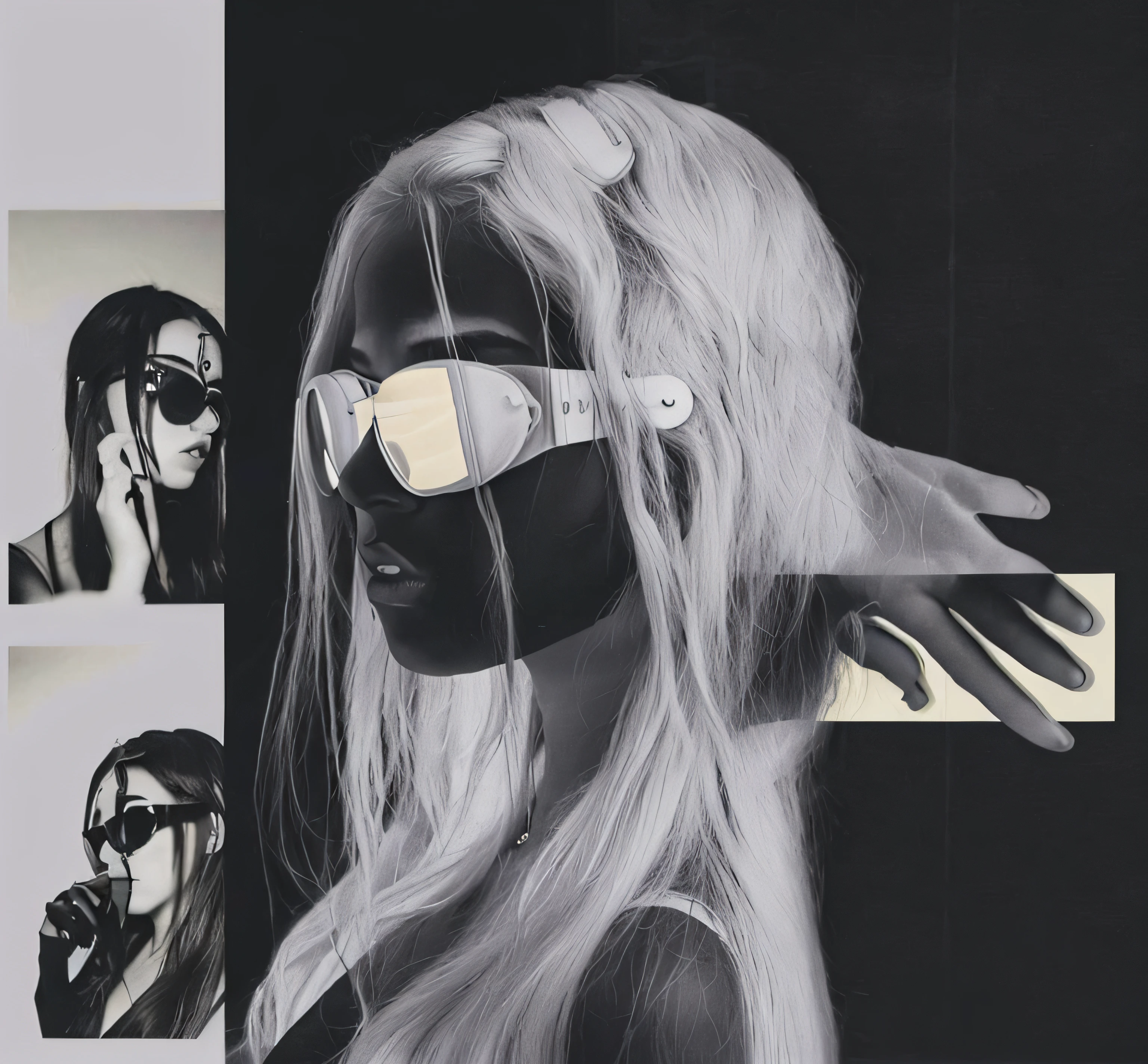 Image of a woman with mask and sunglasses, ( Colagem ), mulher jovem falha, vaporwave. preto e branco, assemelhando-se a uma mistura de grimes, cyber aesthetic, ava max, Cl, girl screamin yolo - aesthetic, colagem digital, parece uma mistura de grimes, darkwave goth aesthetic, arca album cover, feito com photoshop