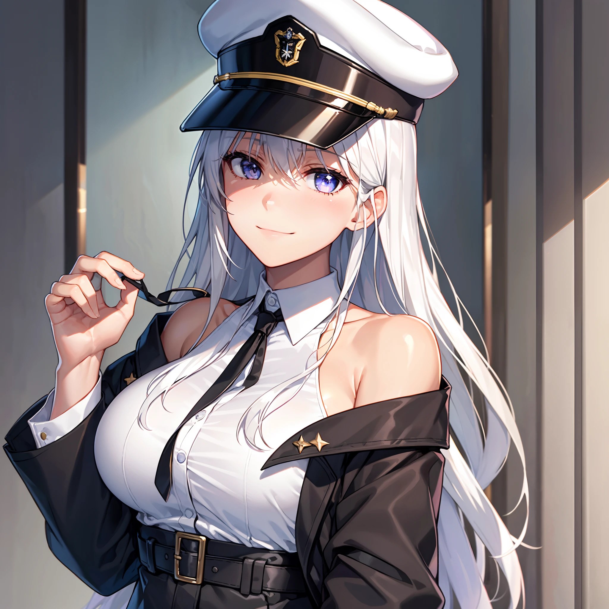 1girl,male_pov,big_breasts,lavender_eyes,white hair,Face turning to the left,Looking at the viewer,white military hat,Hand on cap,small face, high_detailed_hands,high_res, high_definition,long hair, Bare shoulders, bare shoulders,Black tie,White shirt,small smile,Black jacket,