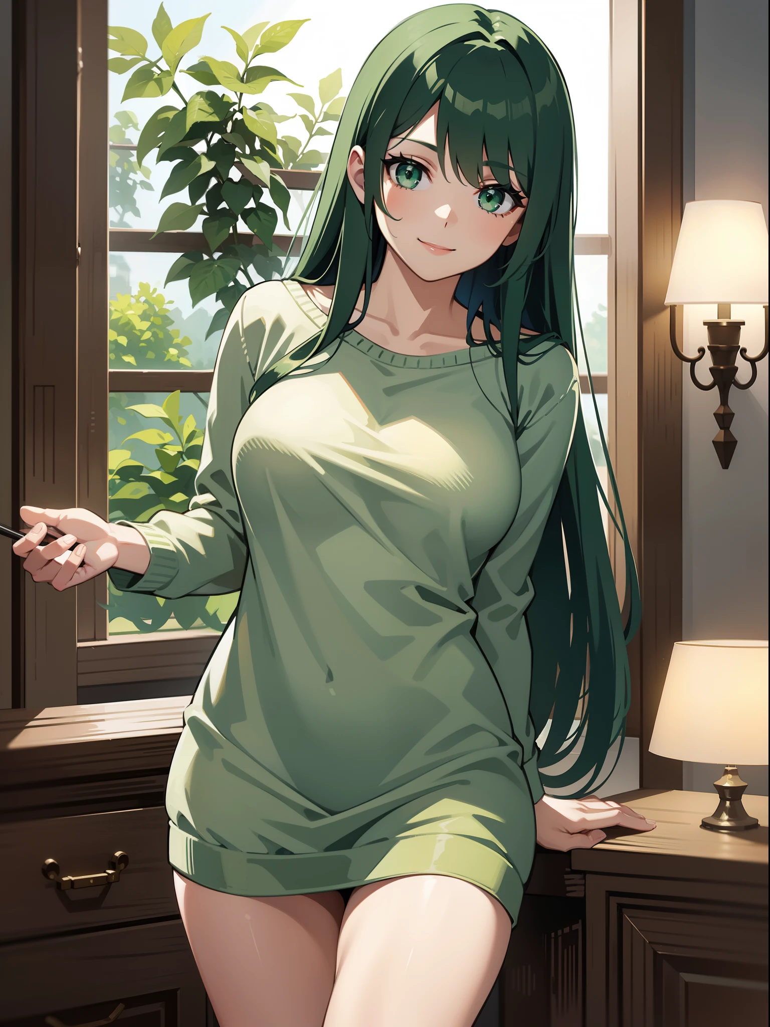 best quality, ultra detailed, realistic, green hair, green eyes, long hair, cozy indoor setting, wearing a casual outfit, smiling, with a warm, inviting atmosphere